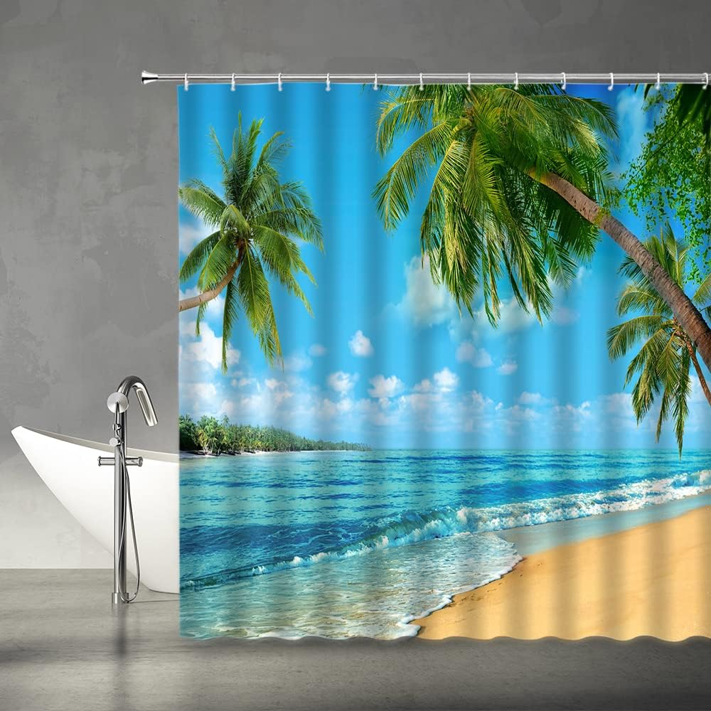 Ocean Beach Shower Curtain Blue Sky Tropical Palm Trees Waves Summer Sea Seaside Landscape Theme Fabric Bathroom Decor Set with Hooks(78" Wx70 H)