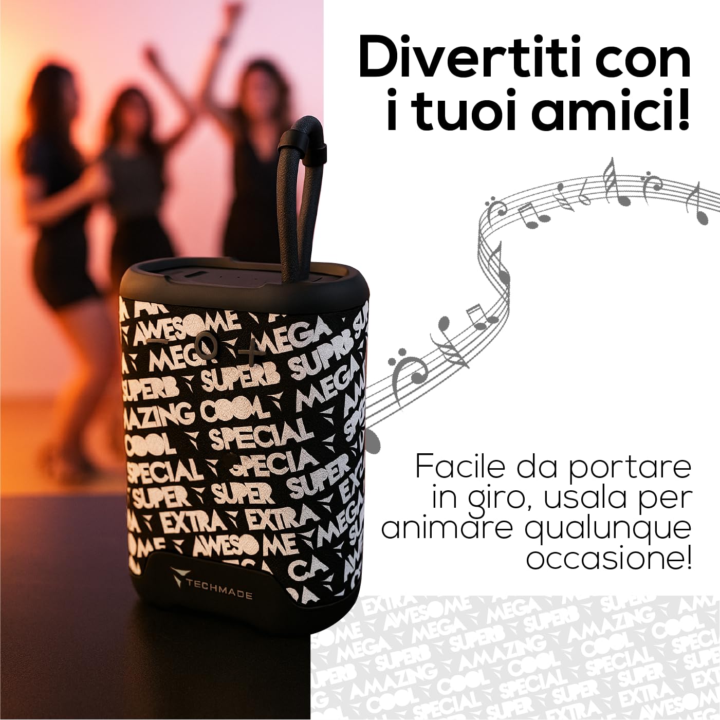 TECHMADE Speaker Bluetooth Portatile, Cassa Altoparlante Wireless con Design Compatto| Distanza operativa 10metri|Connessione senza filo e vivavoce (fantasia nero)