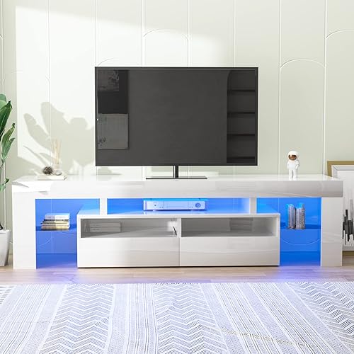 St.Mandyu Soporte de TV LED para TV de 505560 pulgadas, centro de entretenimiento moderno de alto brillo con cajón y luces LED, mesa de televisión,