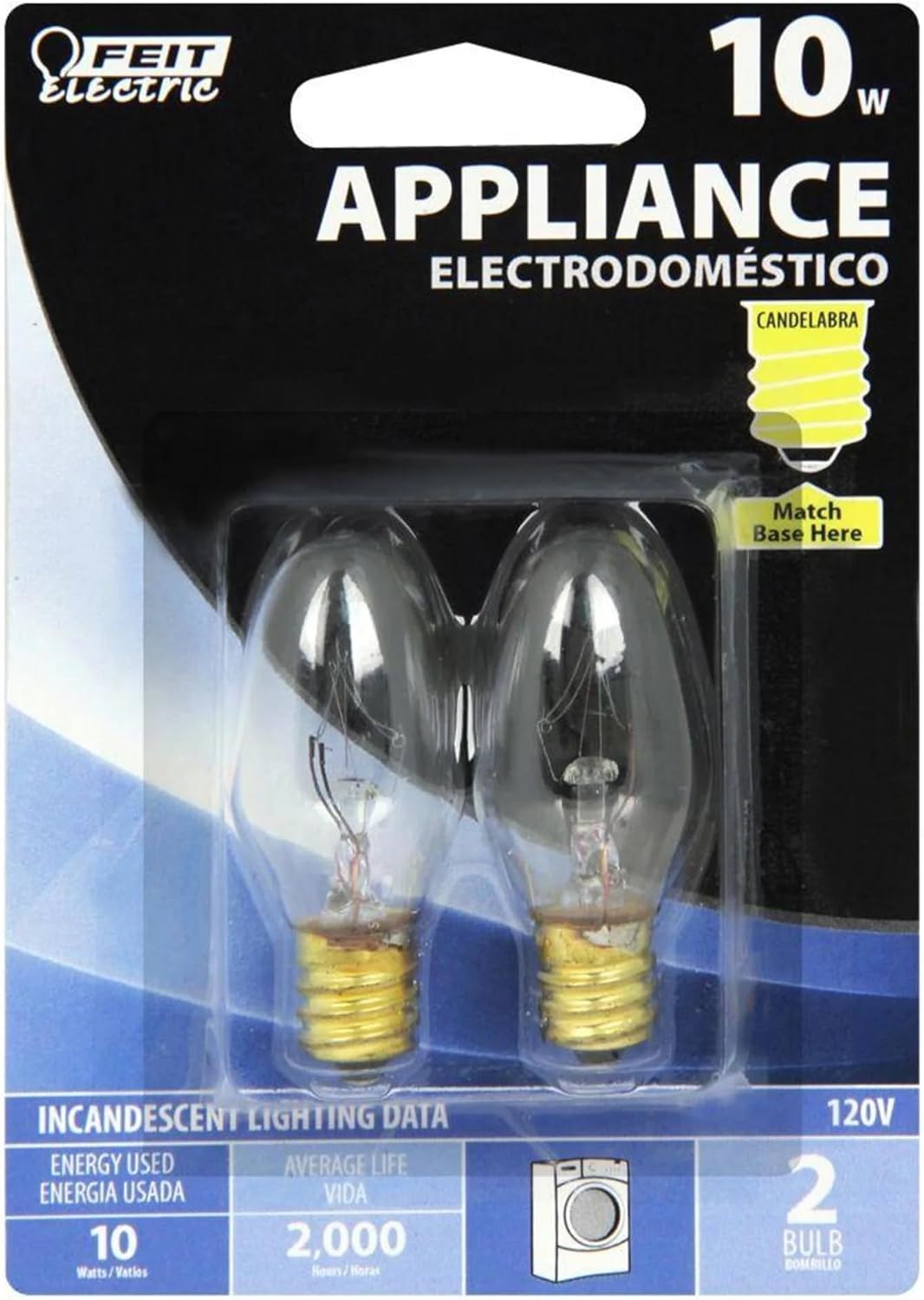 Feit Electric 10W C7 Dimmable Incandescent Appliance Bulbs 2-Pack, 2000 Hour Life