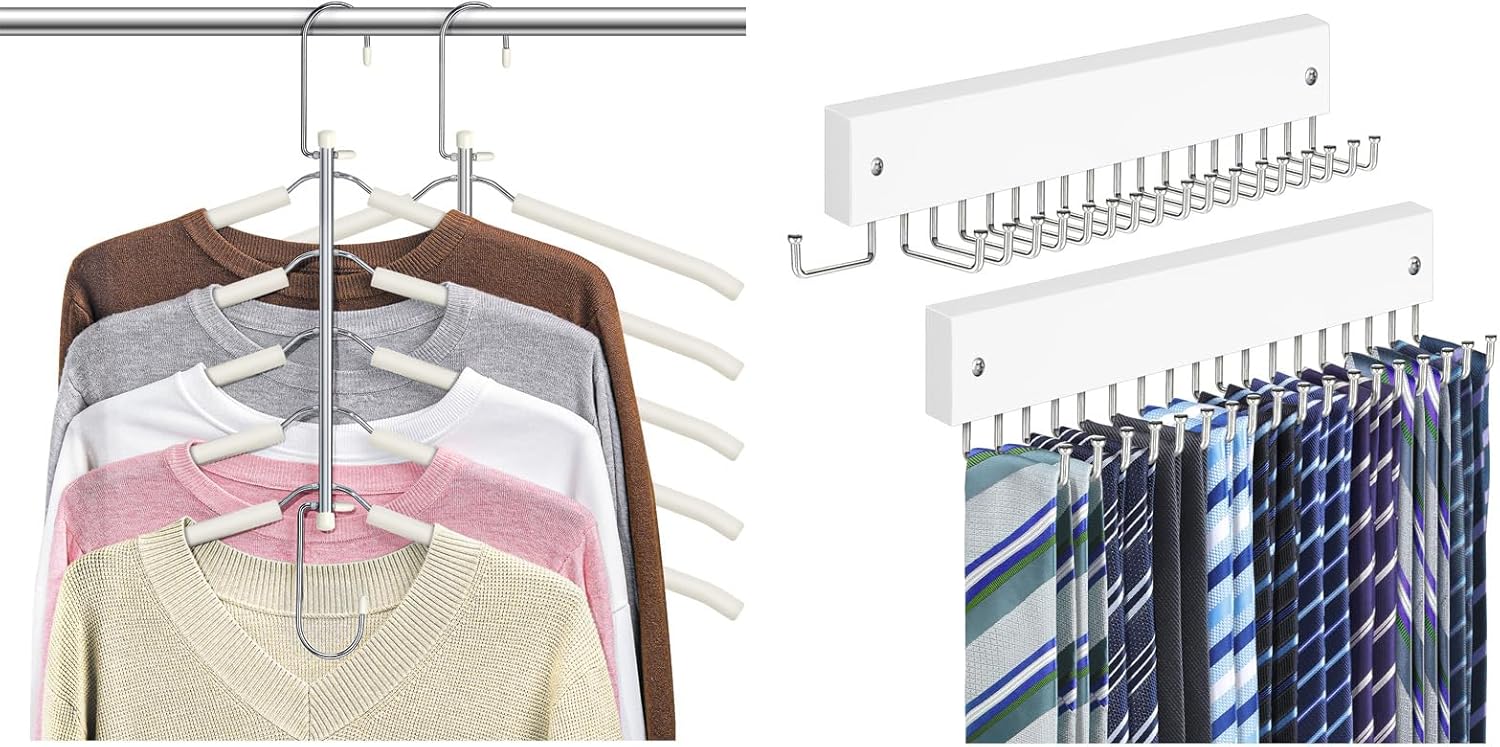 Tie Rack Belt Hanger Wall Mounted Non Slip 180 Degree Rotating Belt Organizer for Closet White 2 Pack, Clothes Hangers Space Saving Shirt Hangers Shirt Organizer for Closet Beige 2 Pack