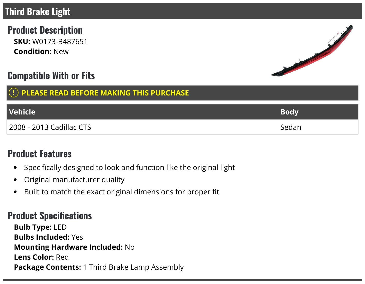Marketplace Auto Parts 3rd Third Brake Light Lens - Compatible with 2008-2013 Cadillac CTS Sedan