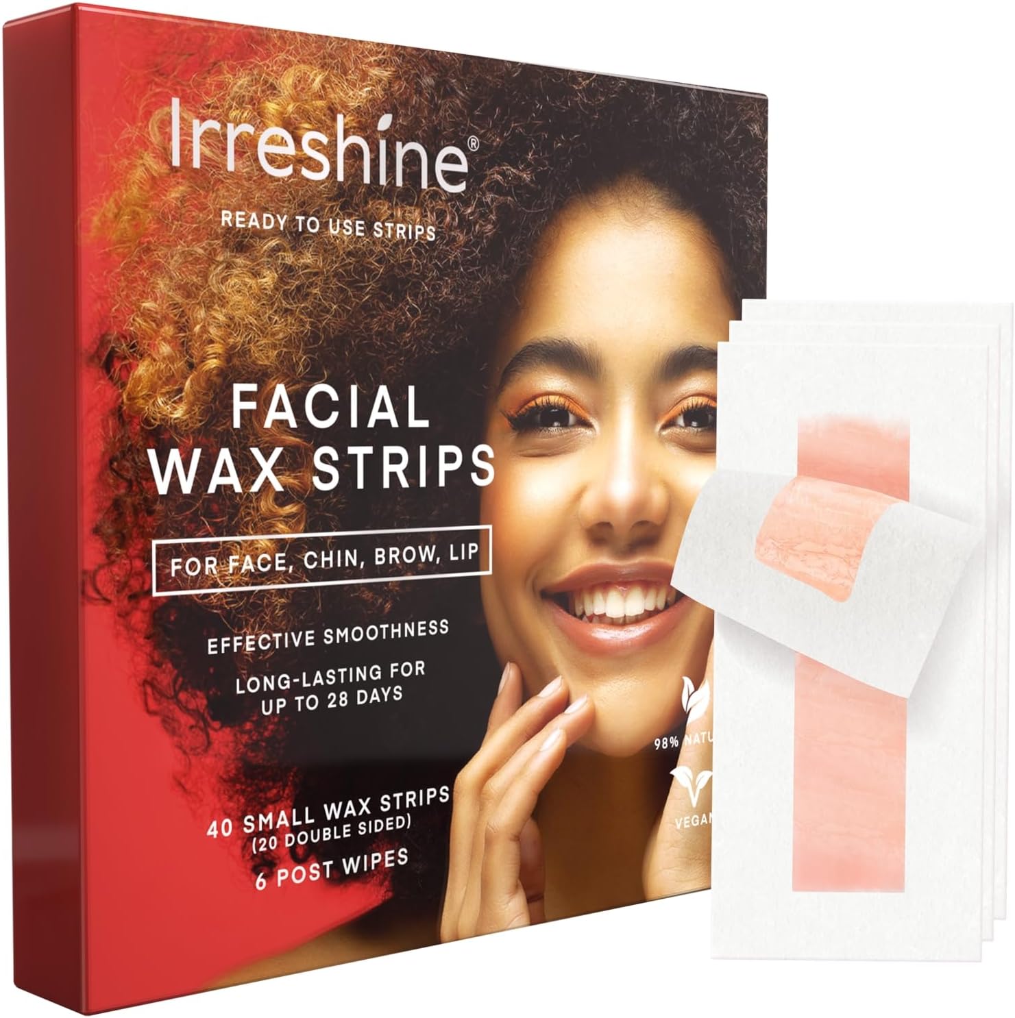 irreshineFacial Wax Strips for Hair Removal: Women Face Upper Lip Eyebrow Chin Waxing Hair Remover Kit - Natural & Vegan Ready to Use At Home & Travel - Sensitive Skin Friendly, 40 Ct with 6 Wipes