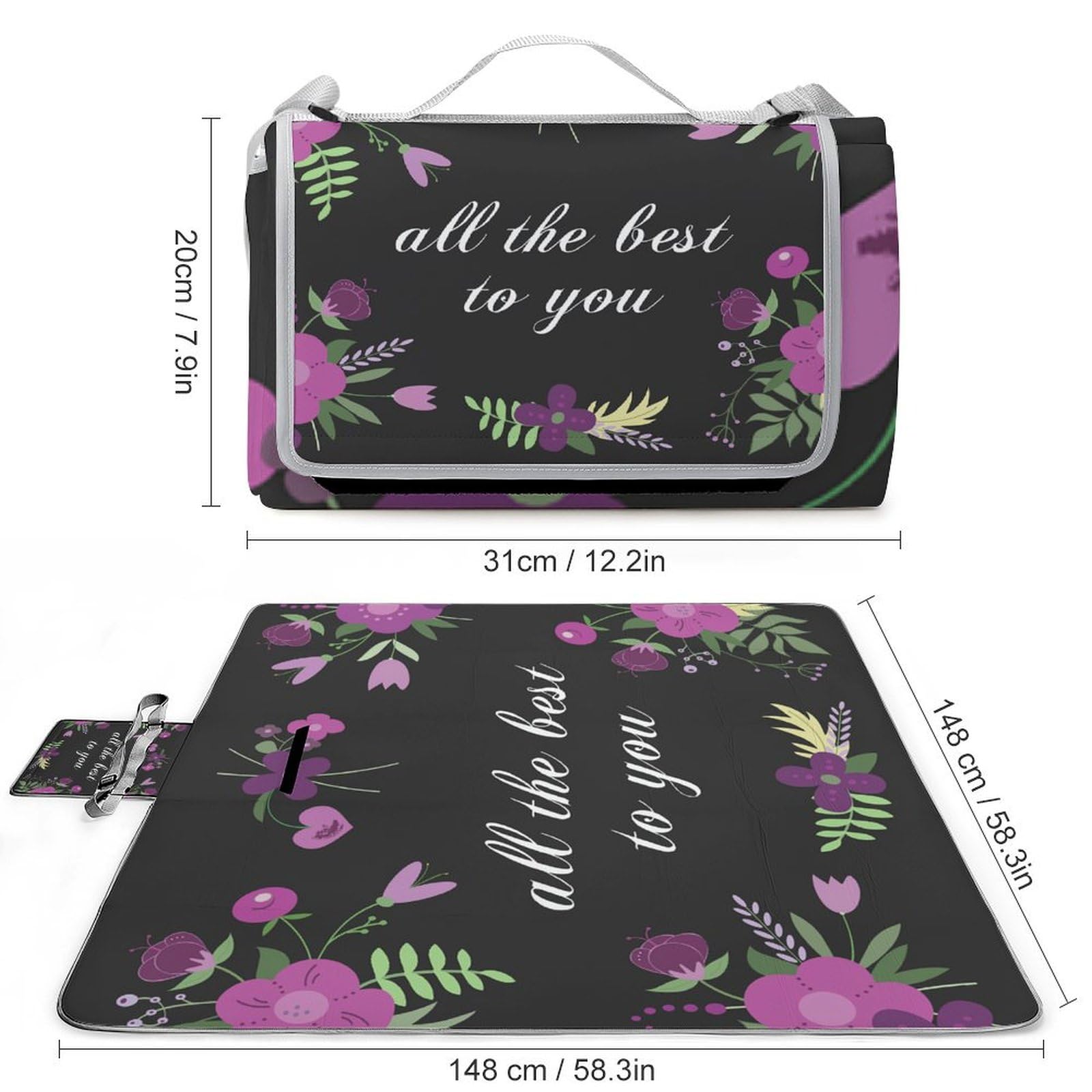 3D Impression Purple Fleurs,All The Best for You Couverture Pique Nique Tapis Pique Nique Nappe Picnic Couverture De Pique-Nique pour Camping, Parc, Jardin 148x148cm