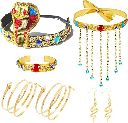 7PCS Egyptian Costume Accessories, Cleopatra Costume with Egyptian, Includes Snake Headband Arm Cuffs Snake Bracelet Gemstone Bracelet a Pair Of Earrings, Costumes Vintage Party Decoration