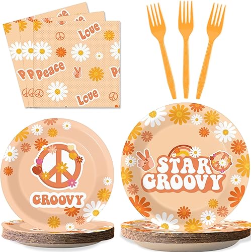 Juego de 96 platos de fiesta Groovy hippie de los años 60, dos decoraciones de fiesta temáticas geniales, vajilla retro con margarita, platos disponible en Yaxa Colombia
