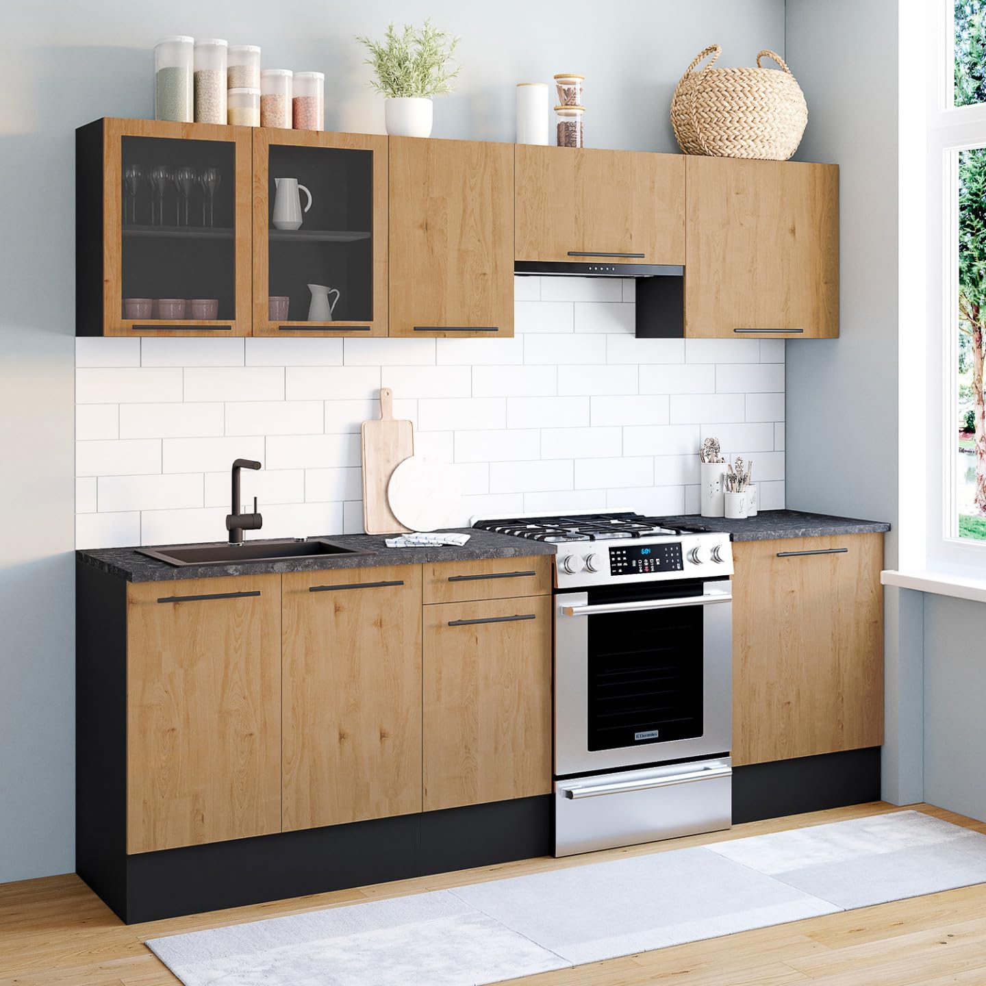 IDMarket - Cuisine complète 240 cm Subtil avec vitrine + Plan de Travail 7 éléments Noir et façon hêtre
