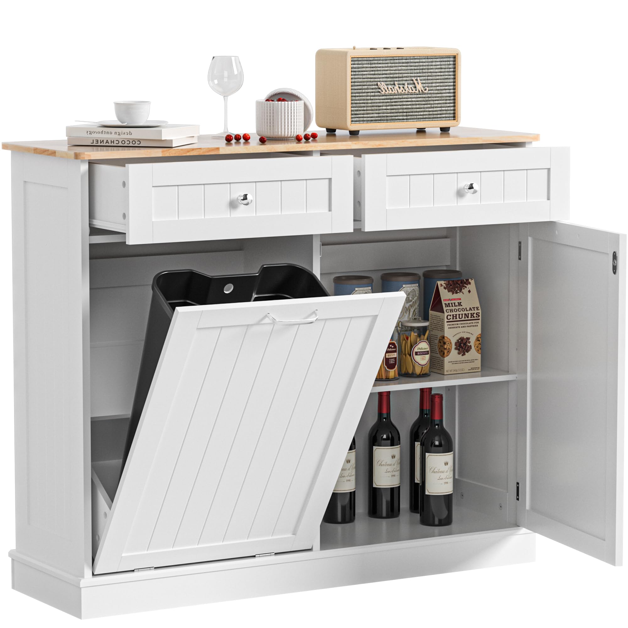 Spurgehom Double Door Trash Cabinet Kitchen Waste Bins,Tilt Out Laundry Hamper Cabinet with Hideaway Drawer Storage Bag, 10 Gallon Pet Proof Trash Can