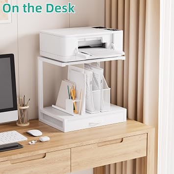 2-Tier Desktop Printer Stand with Fabric Drawer for Storage, White