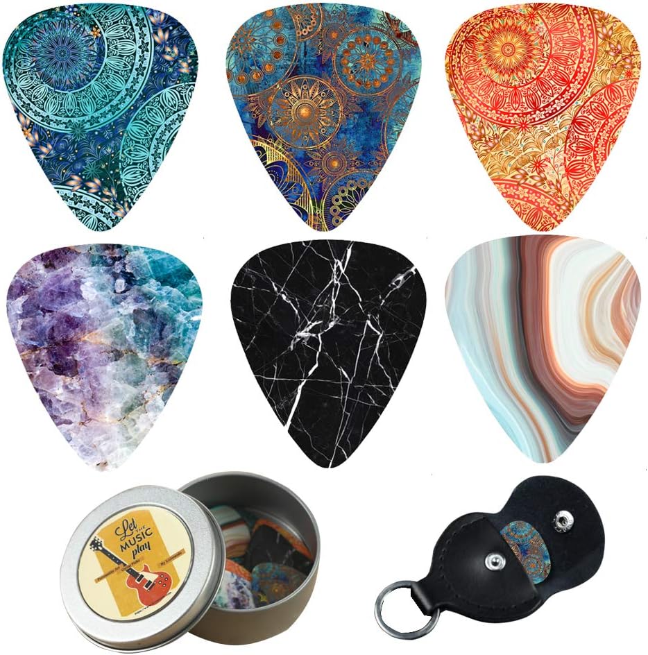 Unique Guitar Picks 12 Medium Gauge Pack with Picks Holder and Plastic Picks Box