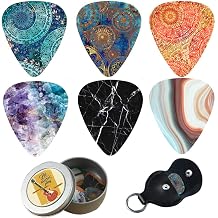 Guitar Picks - 12-pack 0.71mm Medium Gauge Celluloid Guitar Picks In a Box Picks Holder. Unique Guitar Gift For Bass, Electric & Acoustic Guitars Flower Stone
