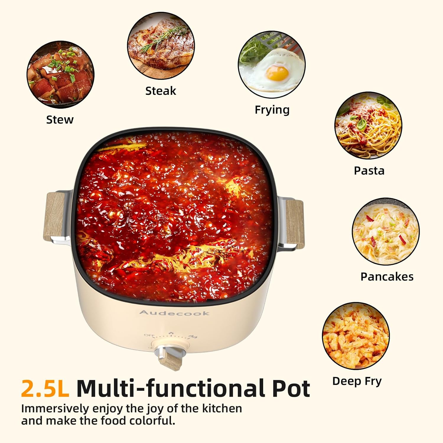 Audecook Hot Pot Electric, 2.5L Portable Nonstick Multicooker, Shabu-Shabu Pot, Travel Electric Skillet with Dual Power Temperature Control for Noodles/Soup/Egg/Steak/Oatmeal/Porridge(Beige)