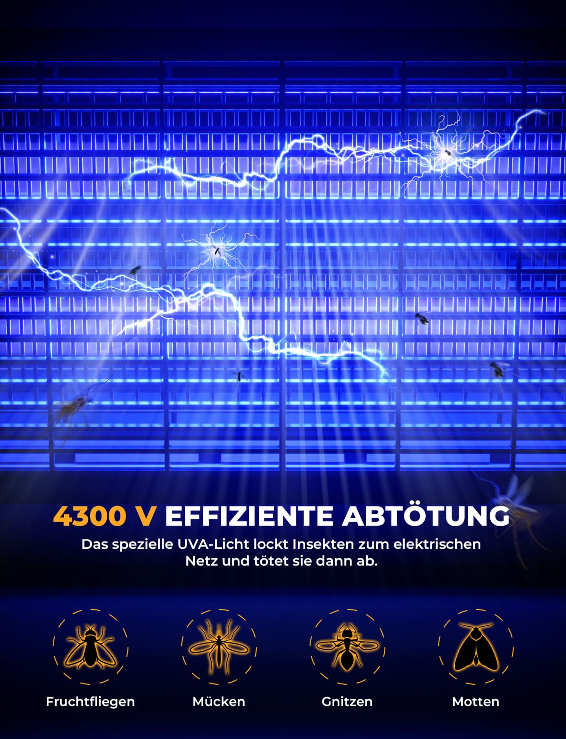YISSVIC Elektrischer Insektenvernichter 4300V UV Mückenlampe 20W mit 2 Ersatzröhren PU-Griff 1,8-m-Kabel für den Innenbereich gegen Motten Mücken Fliegen