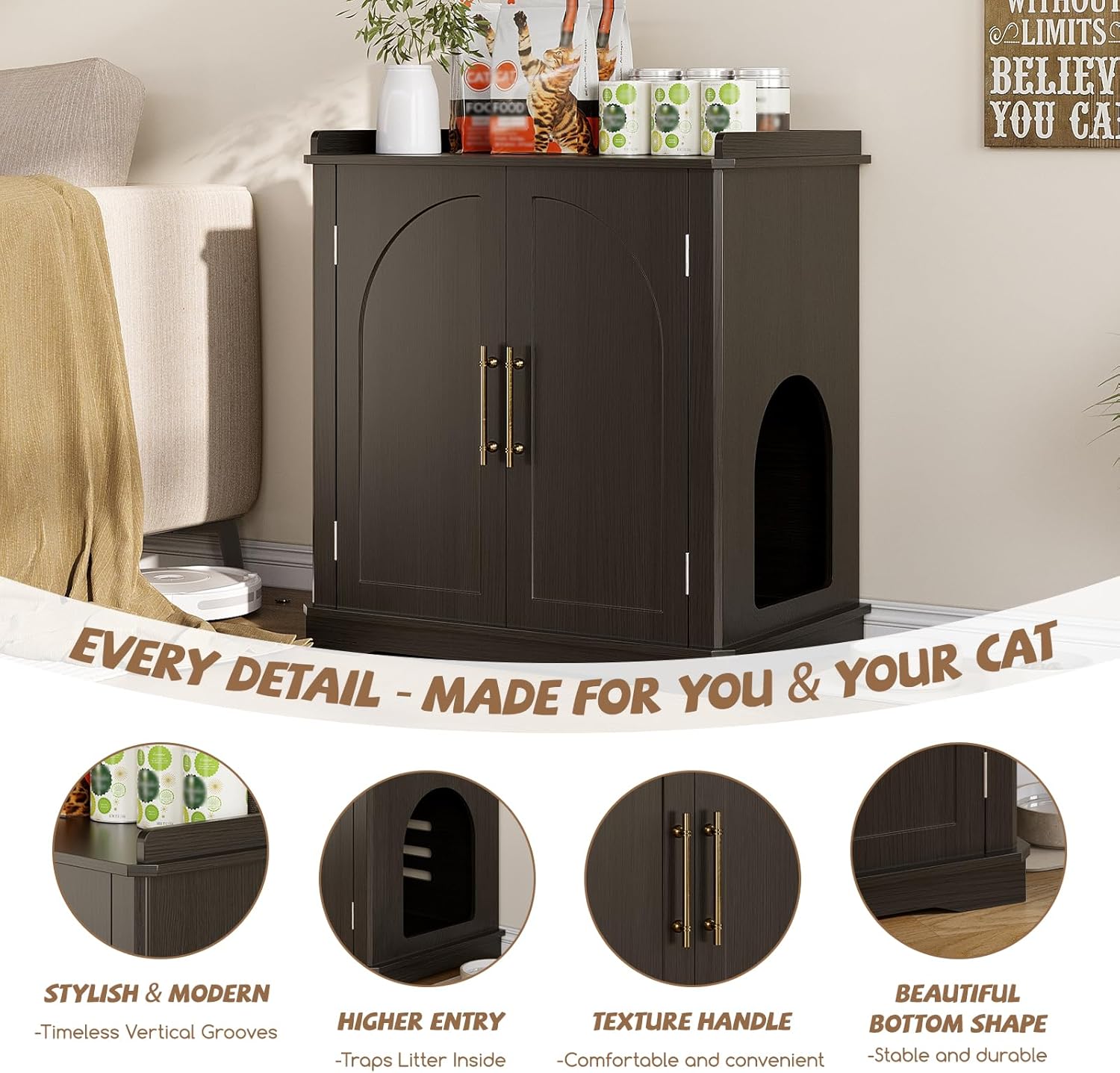 Cat Litter Box Enclosure Furniture, Hidden Litter Box Furniture with Removable Dividers, Reversible Entrance Can Be on Left or Right Side, for Hallway, Living Room, Black, 31.4" L