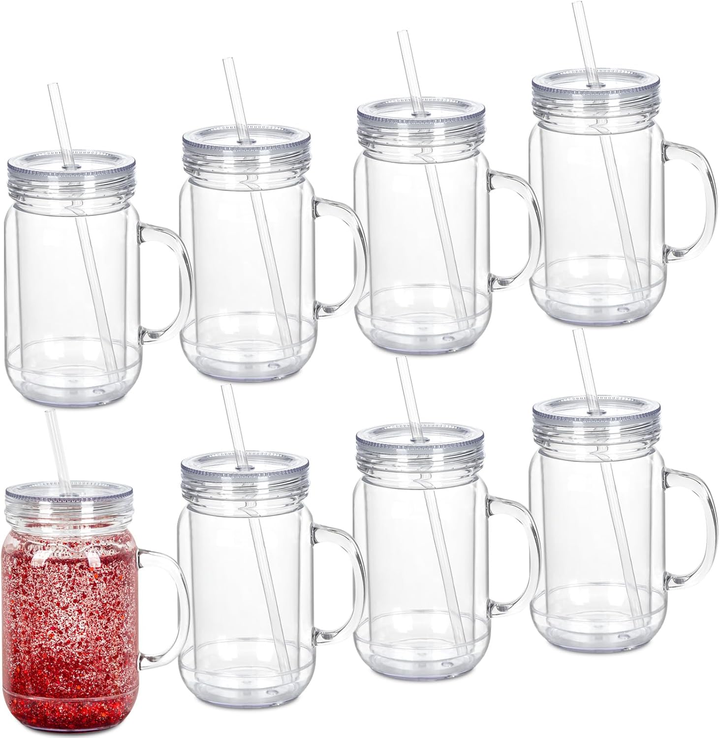 20 Oz 8 Pack Acrylic Snowglobe Tumbler With Handle, Snow Globe Cups with Pre Drilled Hole, Double Wall Plastic Mason Jars with Handle for Snow Globe Glitter DIY (Clear)