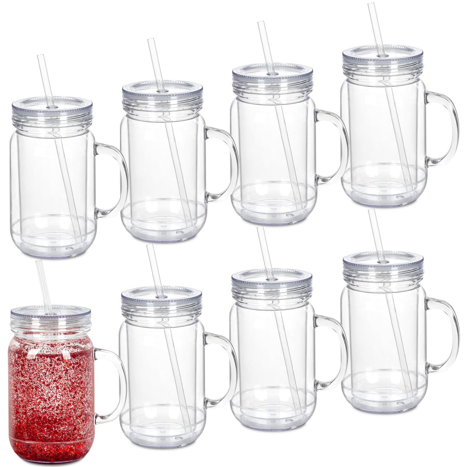 Photo 1 of Micellwuu 20 Oz 8 Pack Acrylic Snowglobe Tumbler With Handle, Snow Globe Cups with Pre Drilled Hole, Double Wall Plastic Mason Jars with Handle for Snow Globe Glitter DIY (Clear)