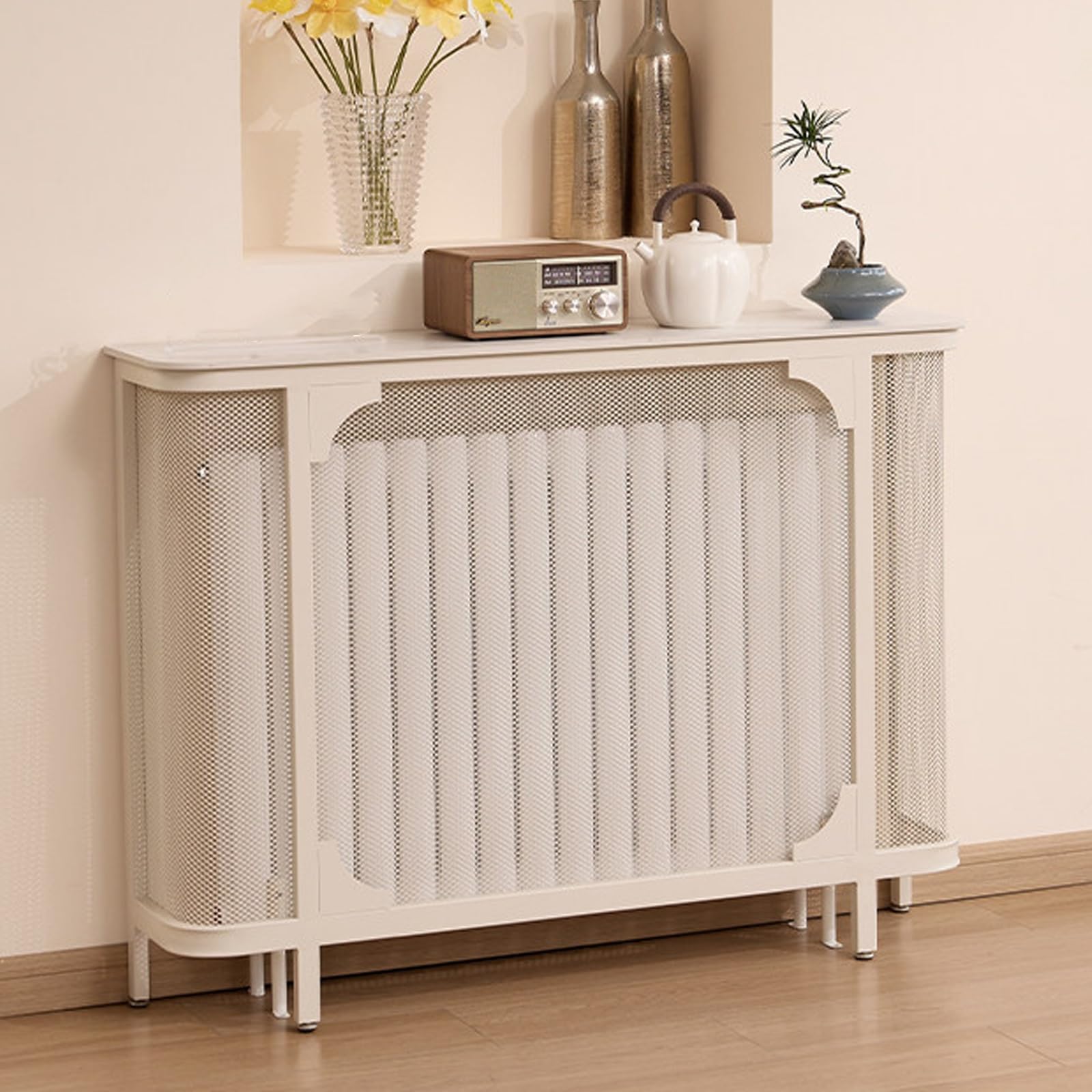 Moderna copertura per termosifone in metallo con design cavo, tavolo consolle stretto per copertura riscaldatoreIdeale per casa, soggiorno, ingresso, camera da letto (bianco, 120 x 25 x 90 cm)
