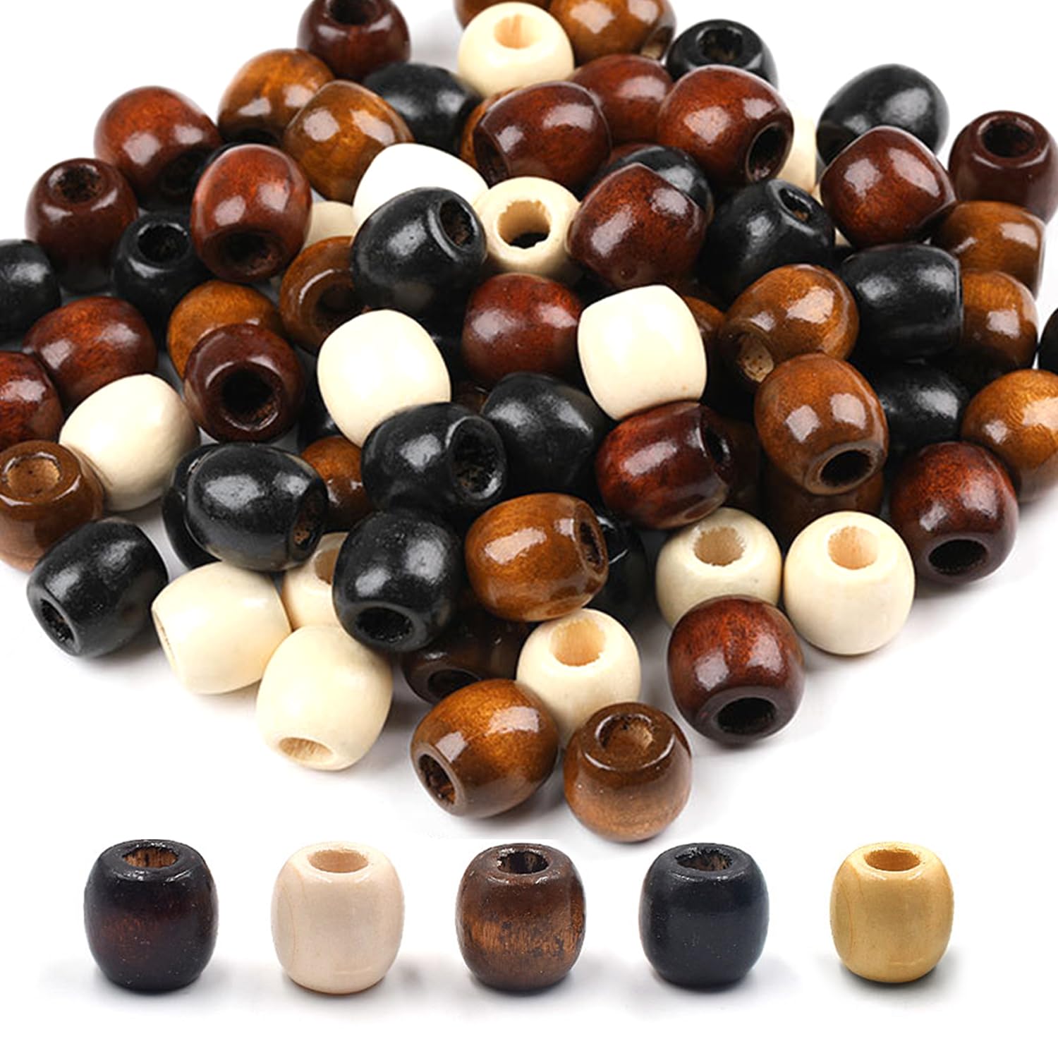 WUFGWBD 250 Wooden Beads Set, Five-Color Wooden Beads, Natural Barrel-Shaped Wooden Beads, Craft Wooden Beads, Suitable For Hair Braids, Bracelets, And Jewelry Making