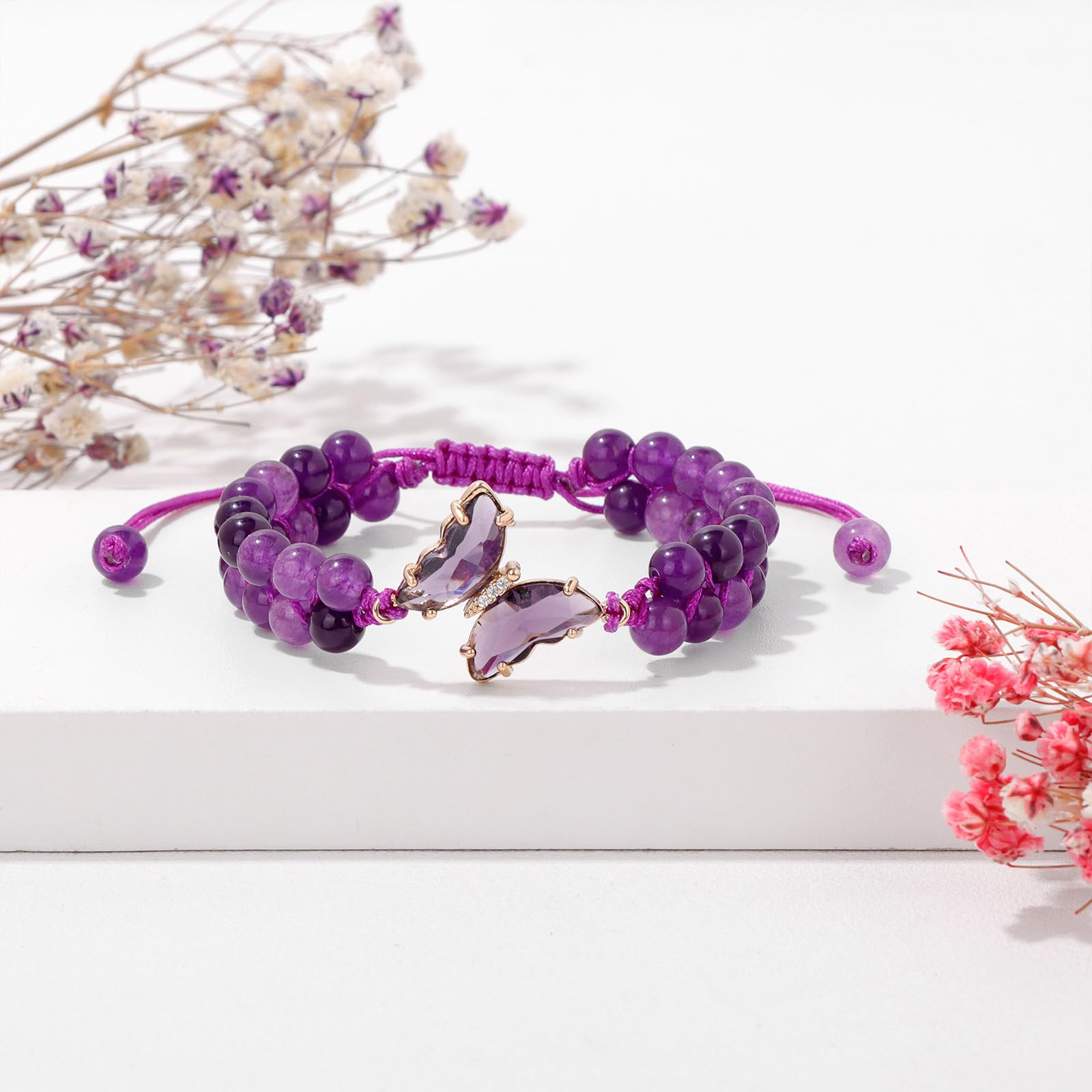 Braccialetto di Ametista per Donna, Braccialetti Anti-ansia con Perline di Ametista, ciondoli a Farfalla, Braccialetti a Strati di Pietre per Donna