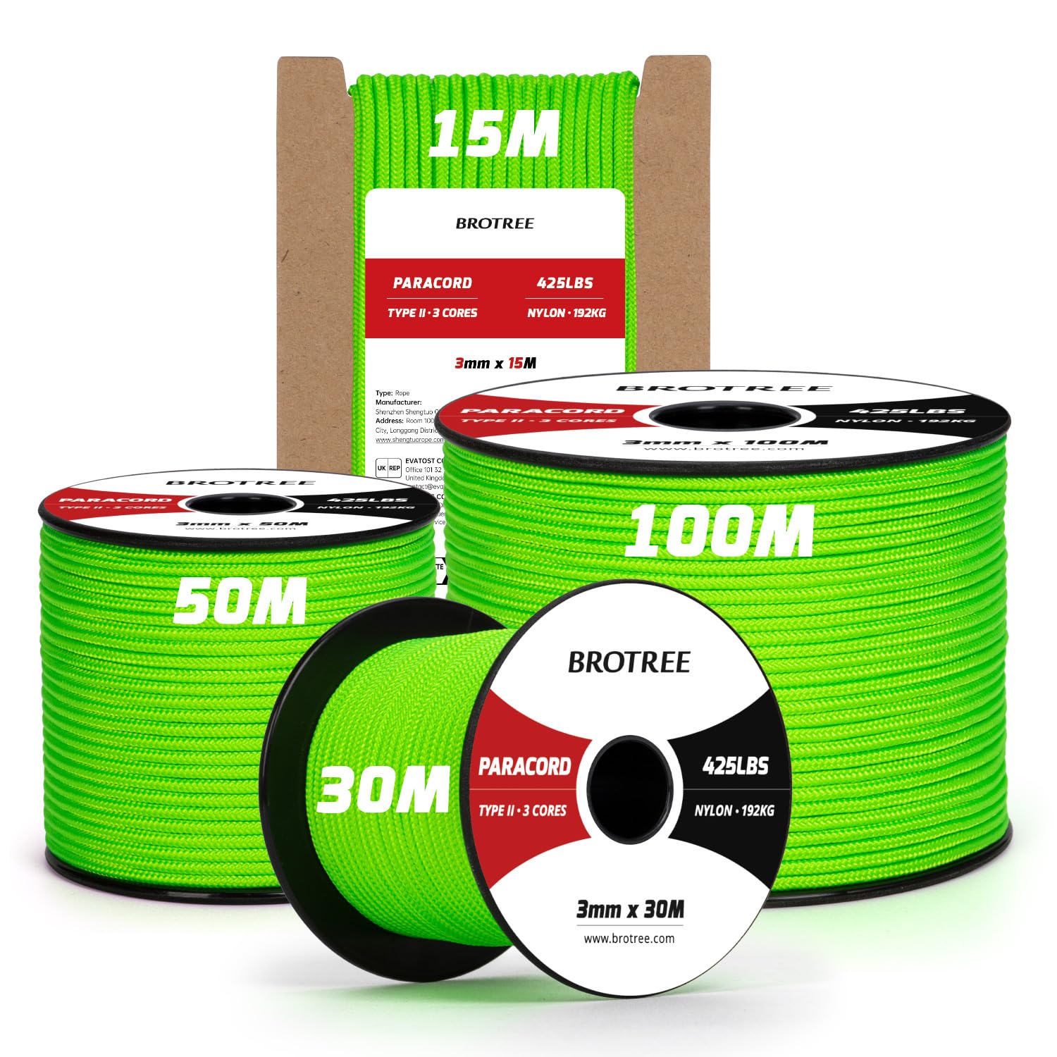 Brotree 3mm Paracord 425 100% Nylon 15M Rope 3 Strands Type II Parachute Cord for Outdoor, Craft, DIY - 192kg Breaking Load (Neon Green)