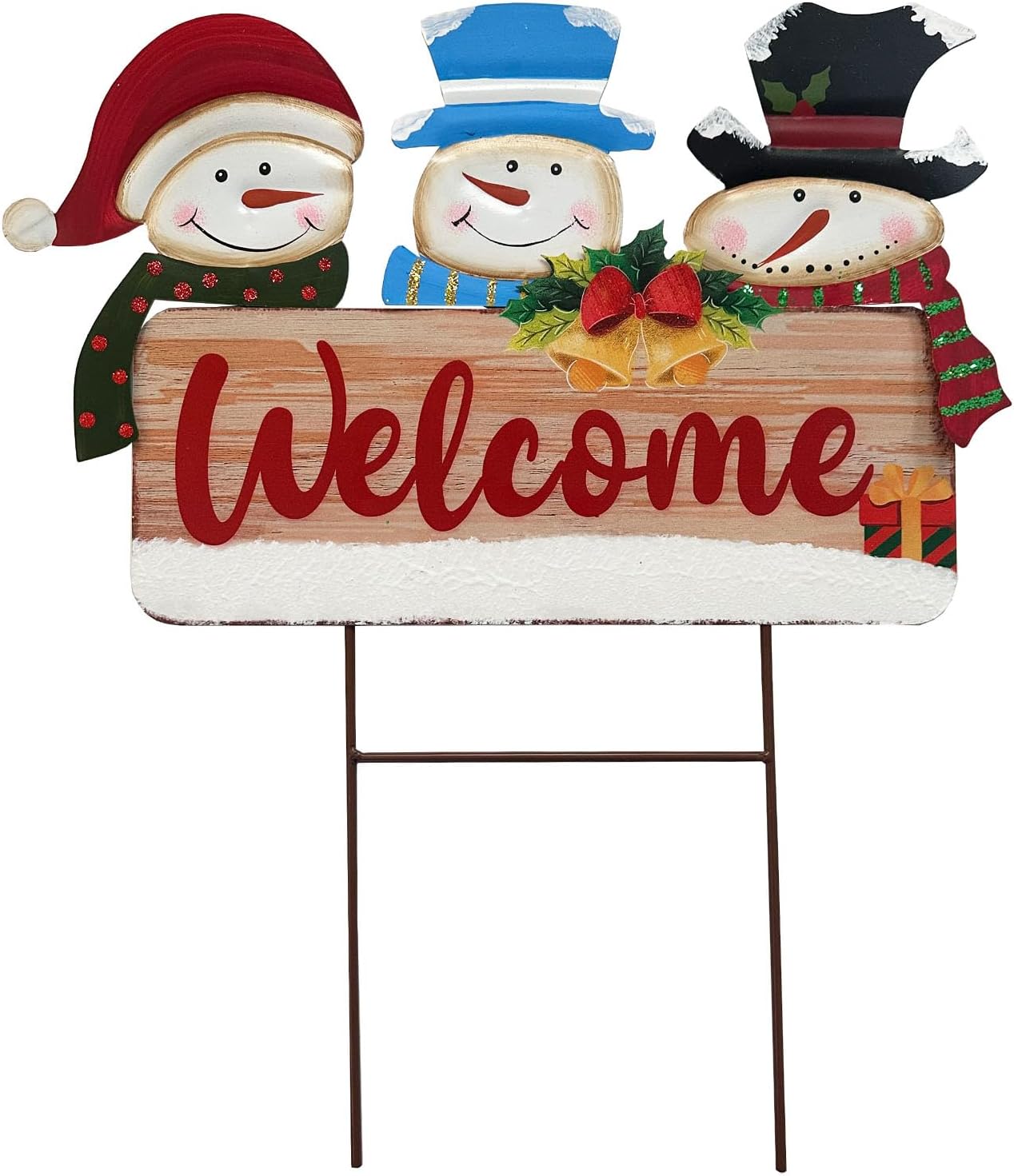 メタルクリスマス雪だるまウェルカムサインステーク3つの雪だるまの置物、素朴なレッド/グリーン/ブラックの屋外庭の装飾、ホリデーガーデ