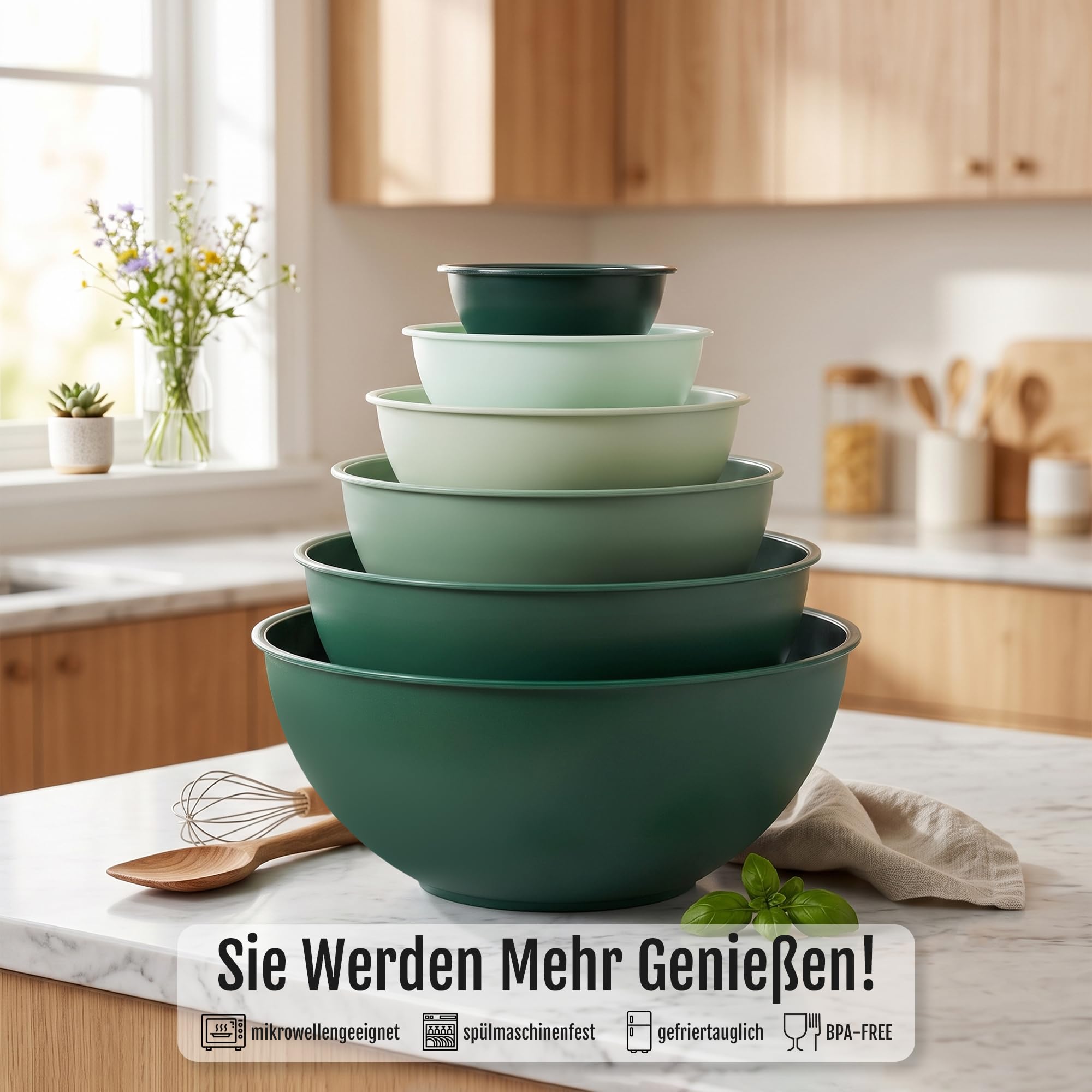 BoxedHome Set di ciotole per mescolare con coperchio, confezione da 12 ciotole, in plastica, antiscivolo, impilabili, per cucina (6 ciotole e 6 coperchi, bianco verde)