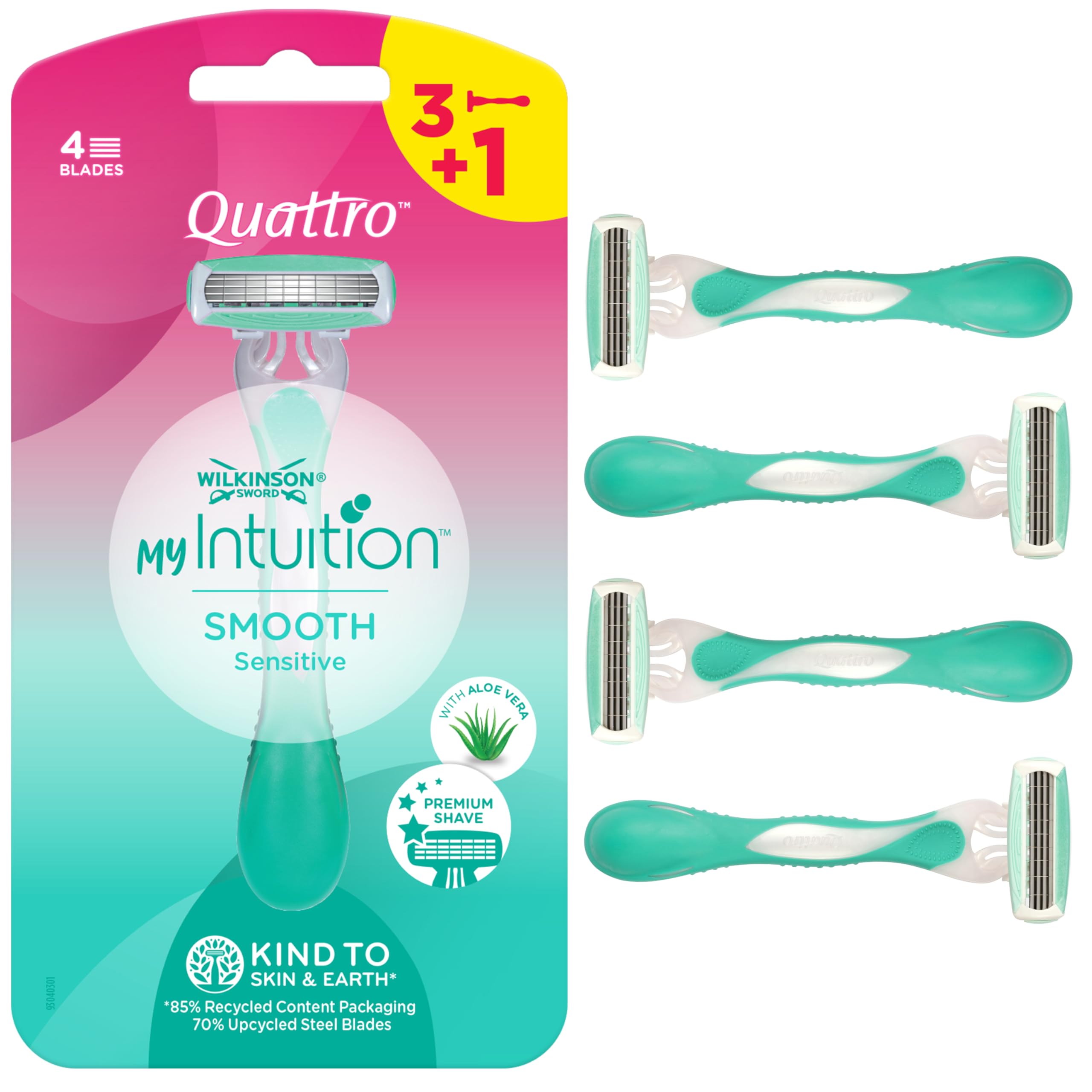 Wilkinson Sword - MyIntuition Smooth Sensitive Quattro - Rasoio Usa & Getta - Rasoio a 4 Lame per Donna - 2 Strisce Lubrificanti con Aloe Vera e Vitamina E - Confezione 3+1
