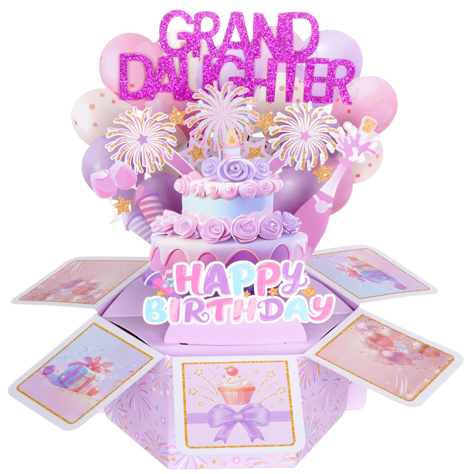 1Pc Happy Birthday Pop Up Card for Granddaughter Colorful 3D Pop Up Card 3D Birthday Box Greeting Card with Envelope for Grand-Daughter Gift from Grandparents (Purple-Granddaughter) — image 1
