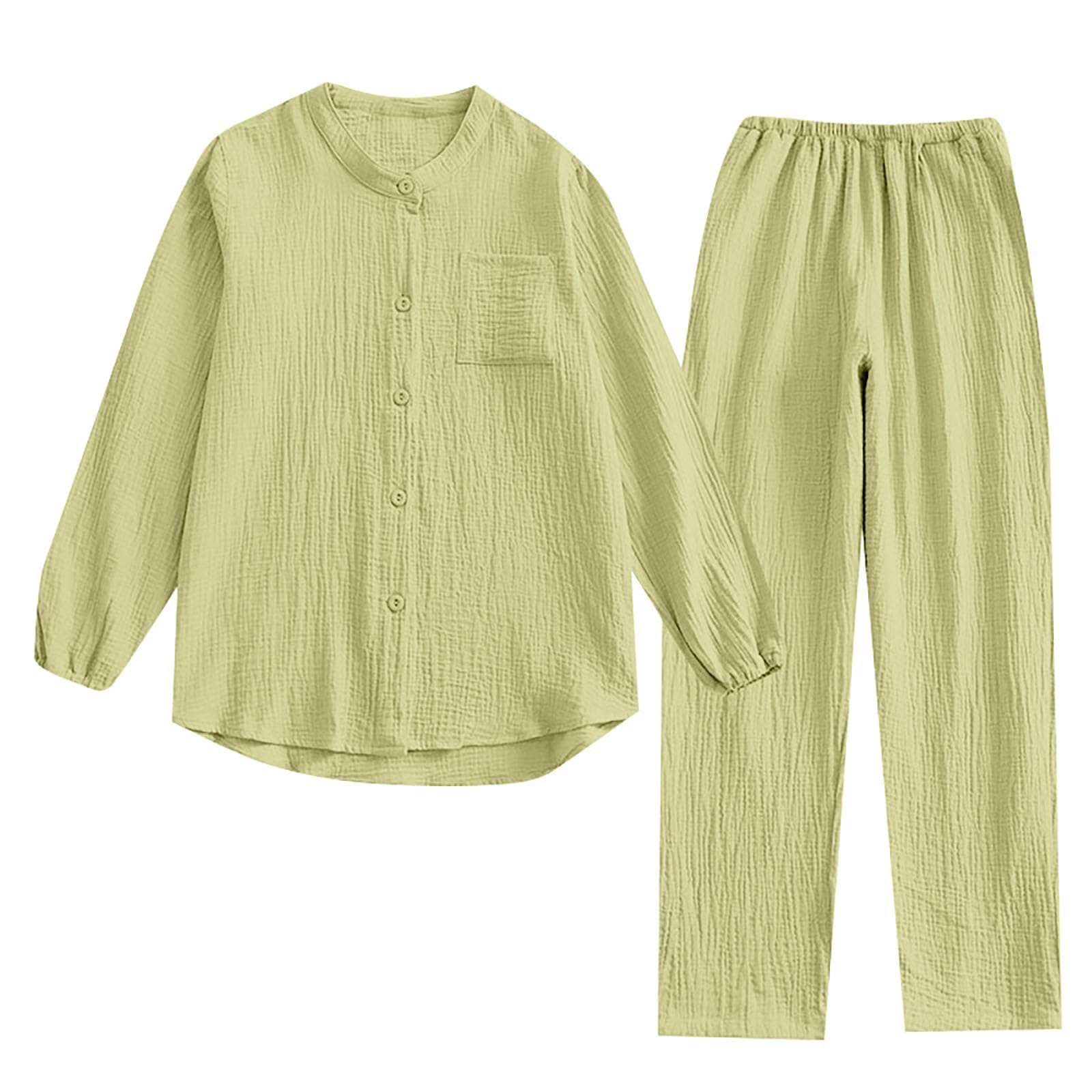Ensemble de pyjama long en mousseline plissée pour femme | Ensemble de pyjama 2 pièces uni, combinaison avec poches, chemisier à manches longues, boutons et pantalon long ample