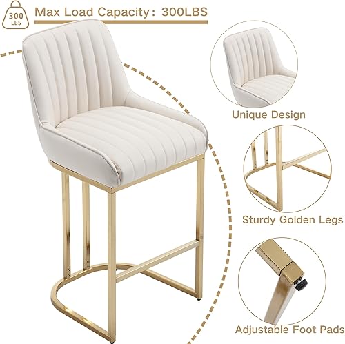 Miniatura 32 de Juego de 2 taburetes de bar de terciopelo beige de 26 pulgadas, modernos taburetes de mostrador con respaldo/patas doradas, sillas de bar tapizadas,