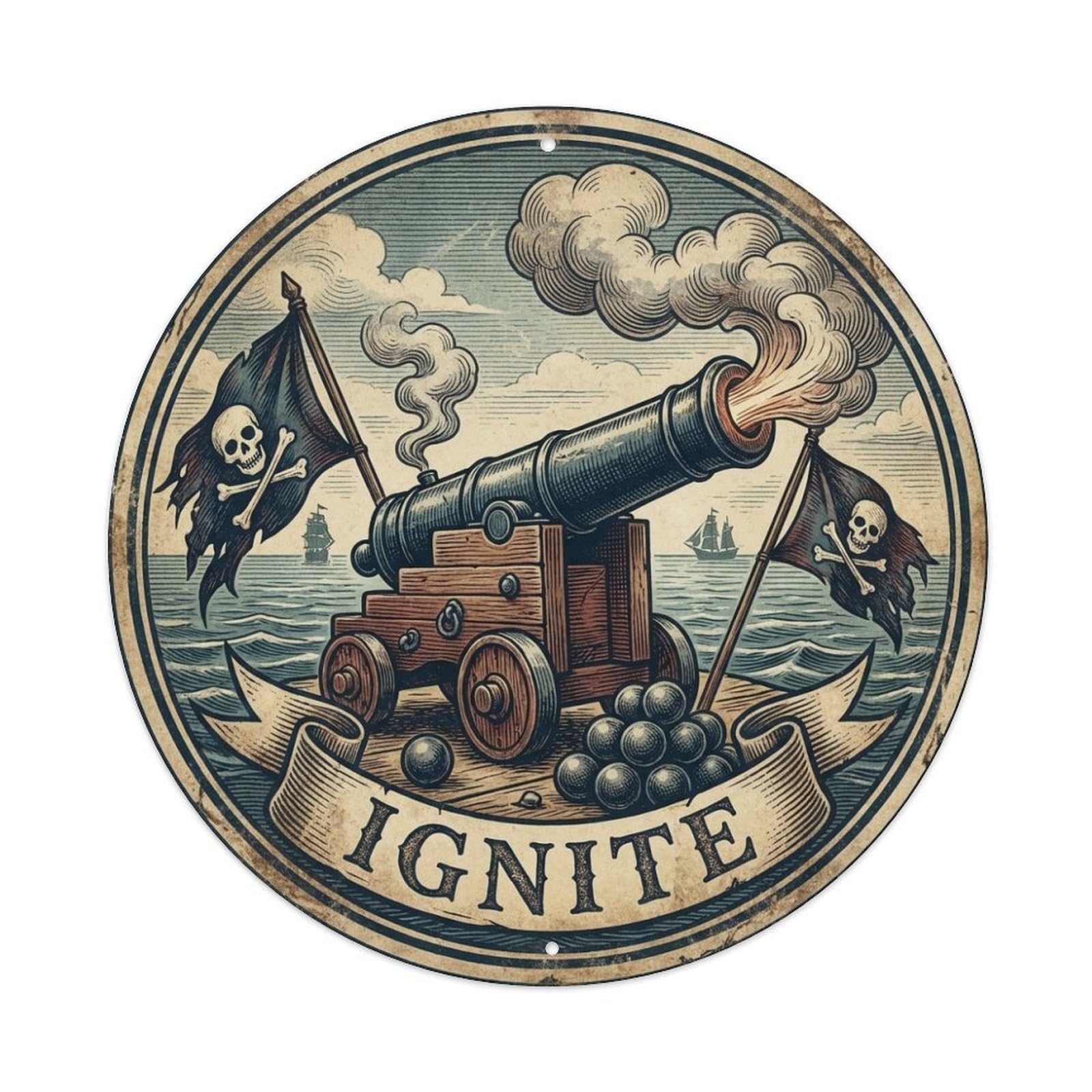 Ignite Big Cannon Smoke Broadside Black Flag Metal Tin Sign