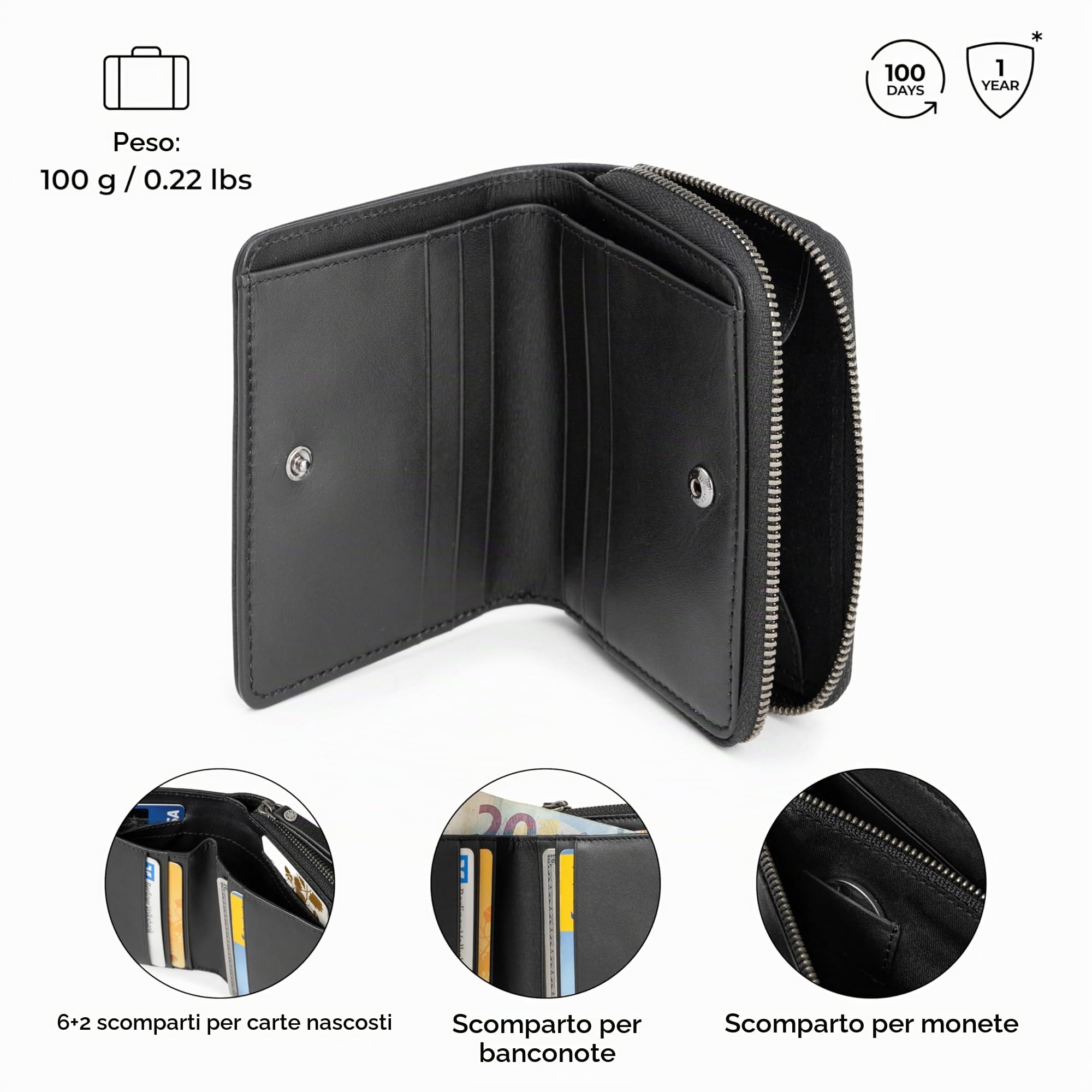 Berliner Bags Portafoglio Donna Sara in Vera Pelle, Compatto con Zip e Portamonete, Protezione RFID, 8 Carte – Nero