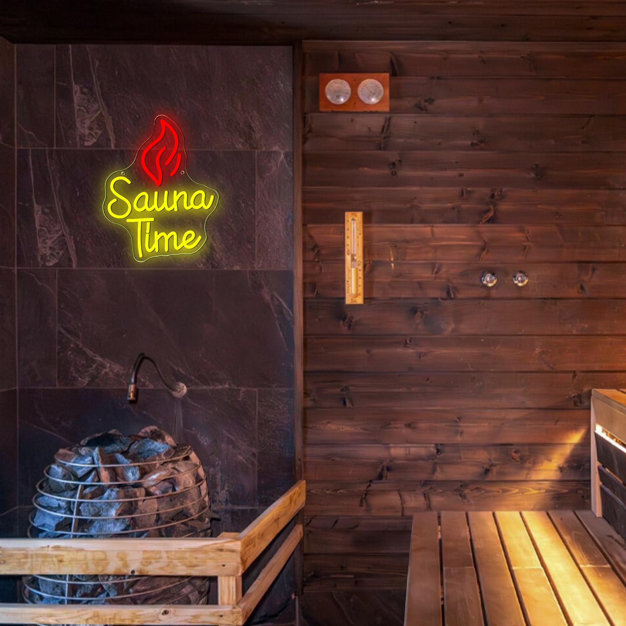 Insegna al neon con tempo sauna, luce al neon a LED per spa e benessere, dimmerabile, alimentata tramite USB, per palestra, benessere, sala relax, insegna per la cura di sé (32 x 26 cm)