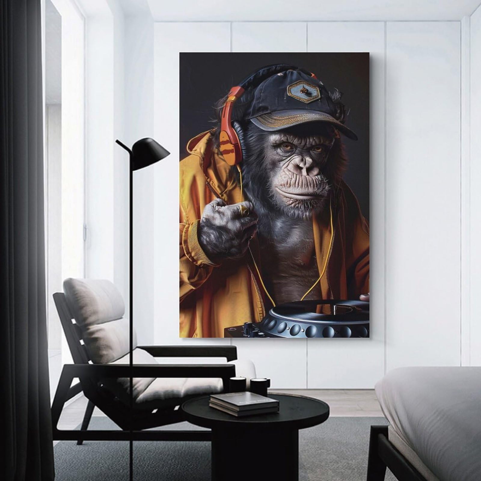 Junmoney Chimpanzee DJ with Headphones And Turntable Home Decor Wall Art 24x36inch(60x90cm), for Gallery Wall Layouts in Home Or Office, A Versatile Canvas Print for Layering