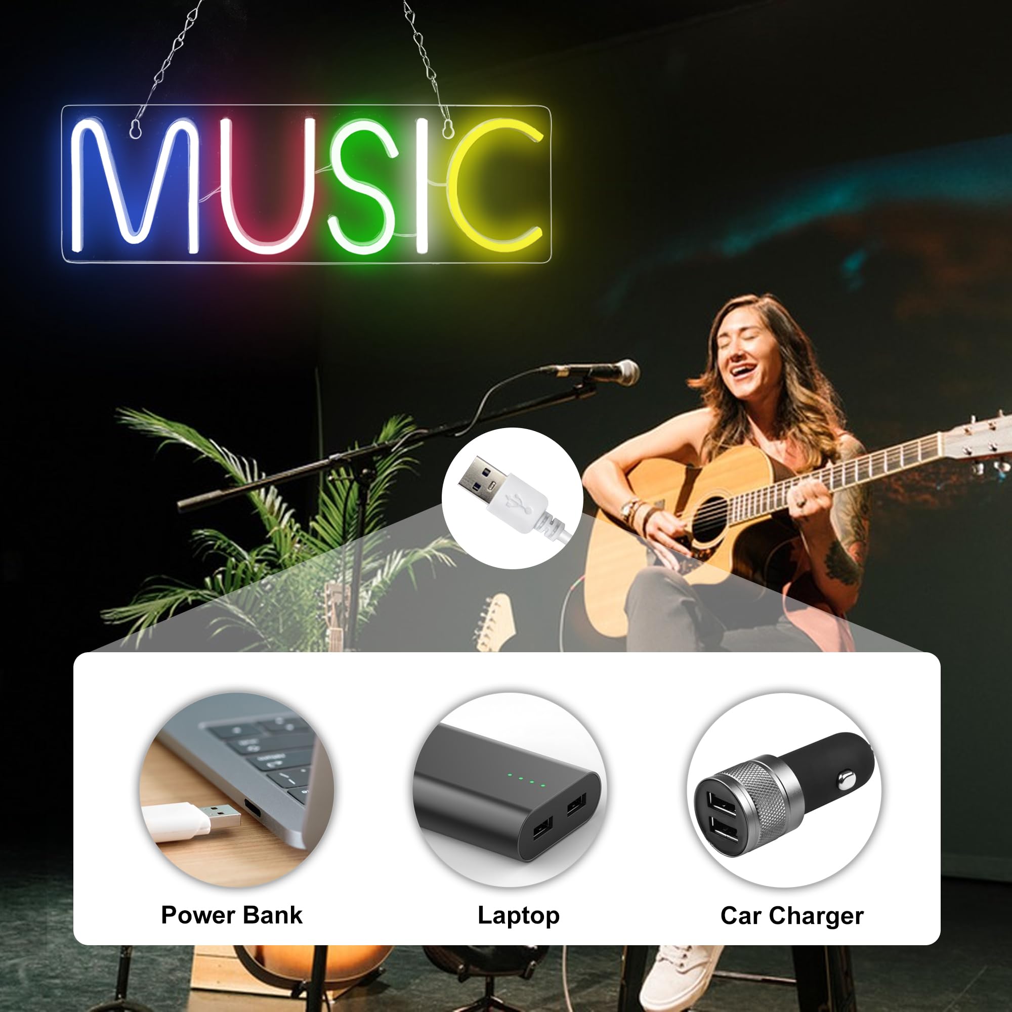 BringLuck2U Neon Light Music Neon Sign For Wall Decor Lettere Colorate Sign Music Word Led Neons Per Camera Da Letto Sala Giochi Club Bar Decorazione Per Feste