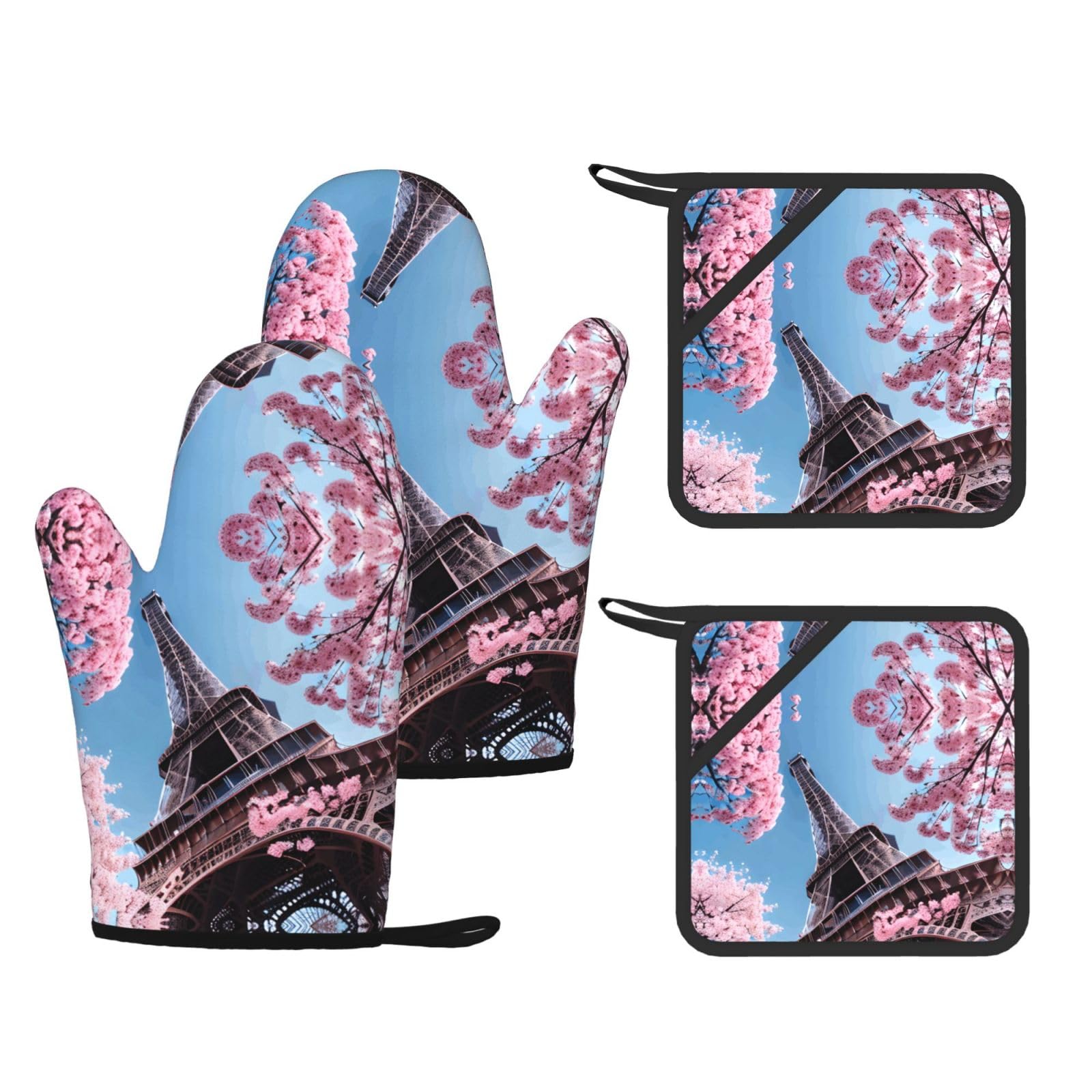 Oil Painting Paris Eiffel Tower Printed Pot Holders and Oven Mitts 4-Piece, Non-Slip Kitchen Gloves with Utensil Pocket for BBQ