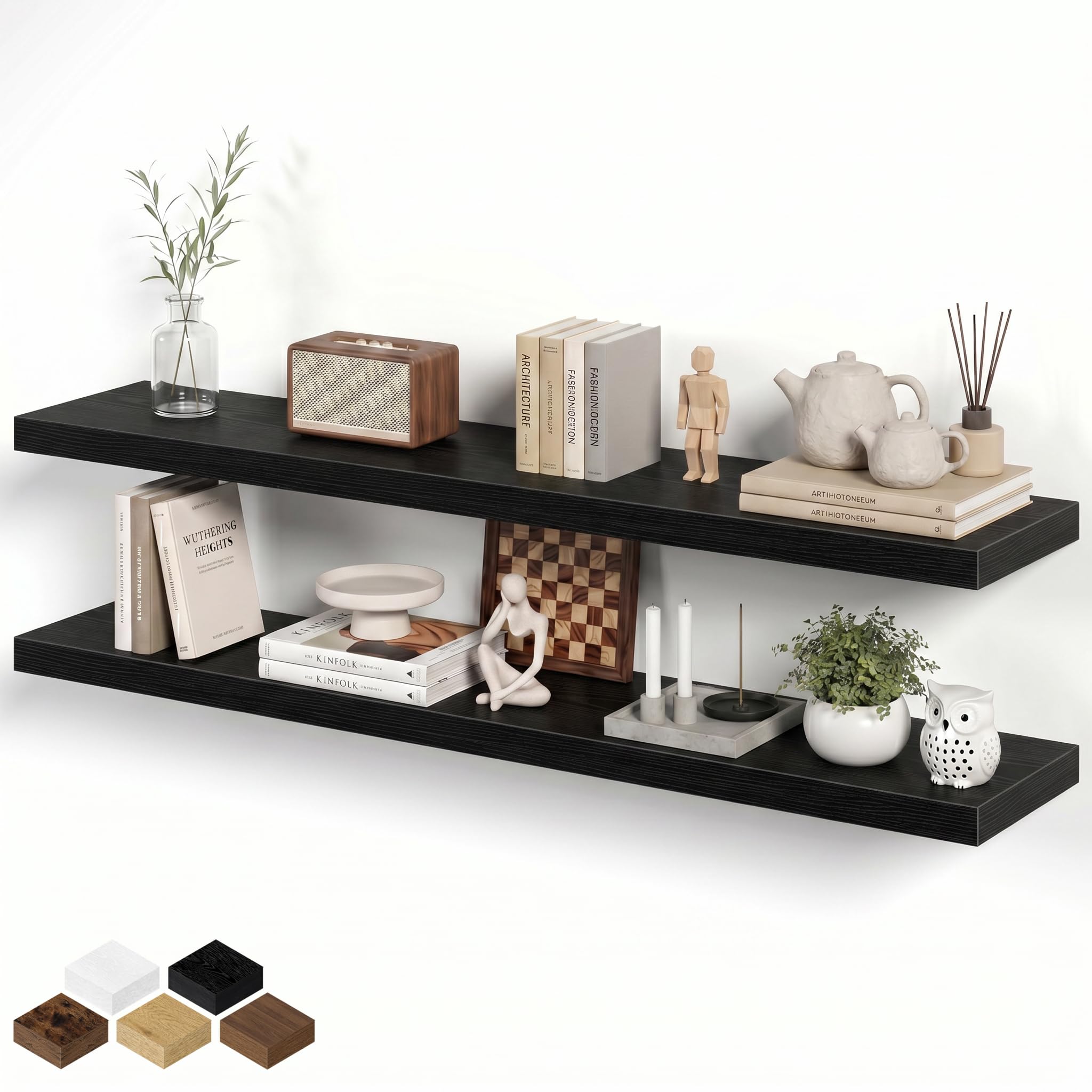 Fun Memories 140cm Long Floating Shelves for Wall, 20cm Deep Floating Shelves for Bathroom Living Room Bedroom, Black Rustic Wall Mounted Shelf with Invisible Heavy-Duty Bracket, 2 Pack