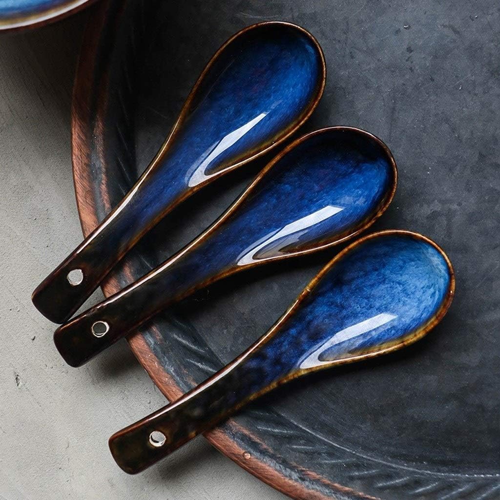6 Pieces Japanese Style Ceramic Soup Spoon Retro Ramen Bowl Soup Spoon Rice Spoon Creative Spoon Blue