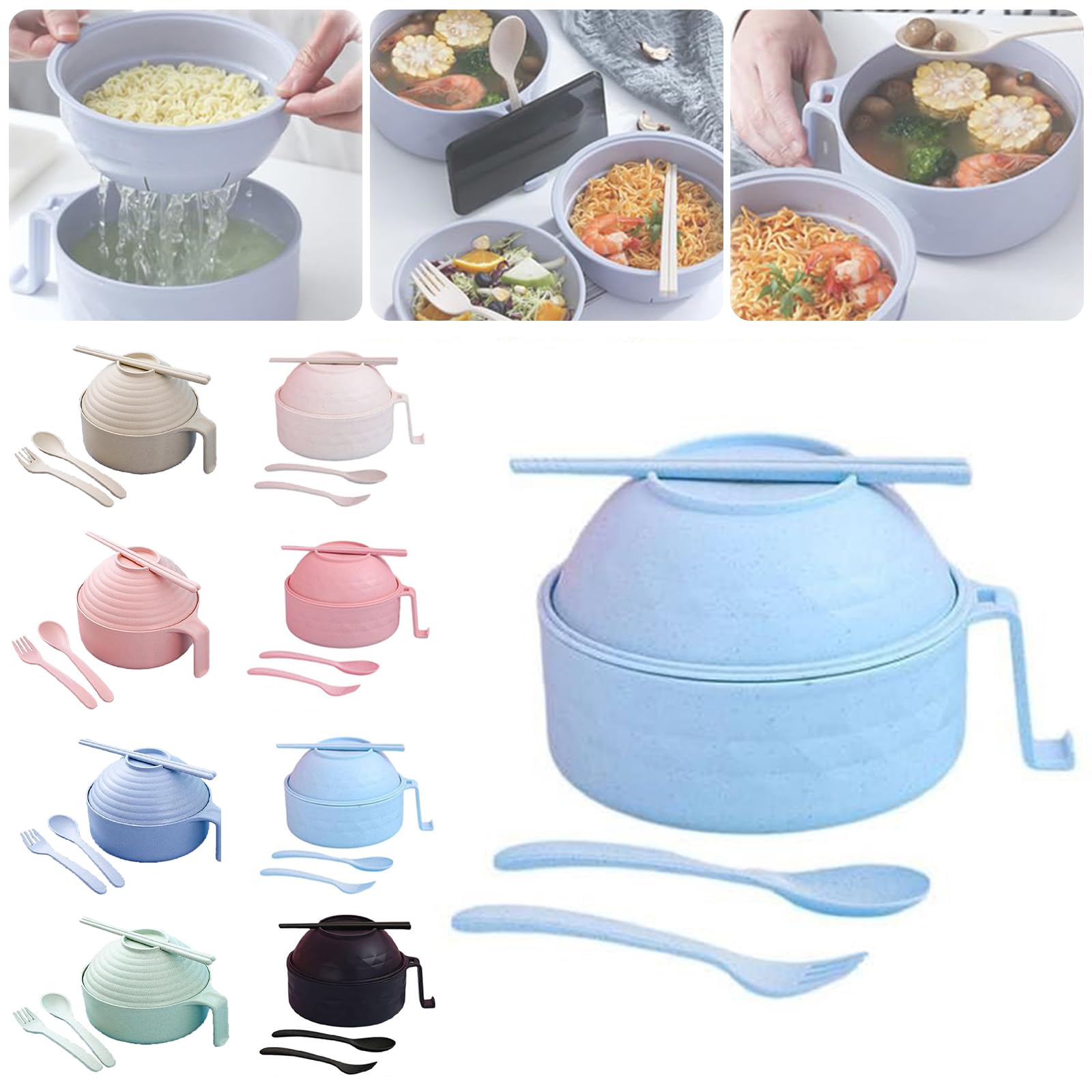 6 Piece Set Microwave Ramen Bowl with Lid,Ramen Bowl Set,Microwave Noodle Bowl with Chopsticks and Spoon (Sky Blue)