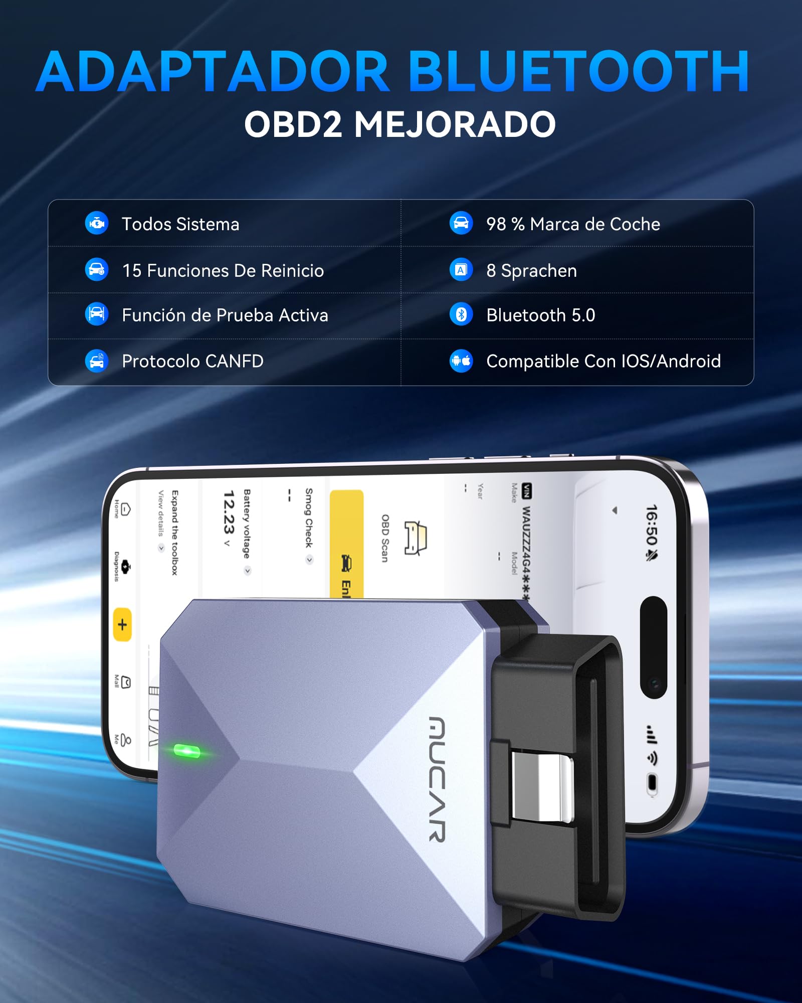 MUCAR BT200 MAX AI Accesibilidad Adaptador Bluetooth OBD2 | Diagnosis Coche Multimarca Todos Sistema+15 Funciones de Reinicio, OBD2 Diagnosis Active Test-Actualización Gratuita