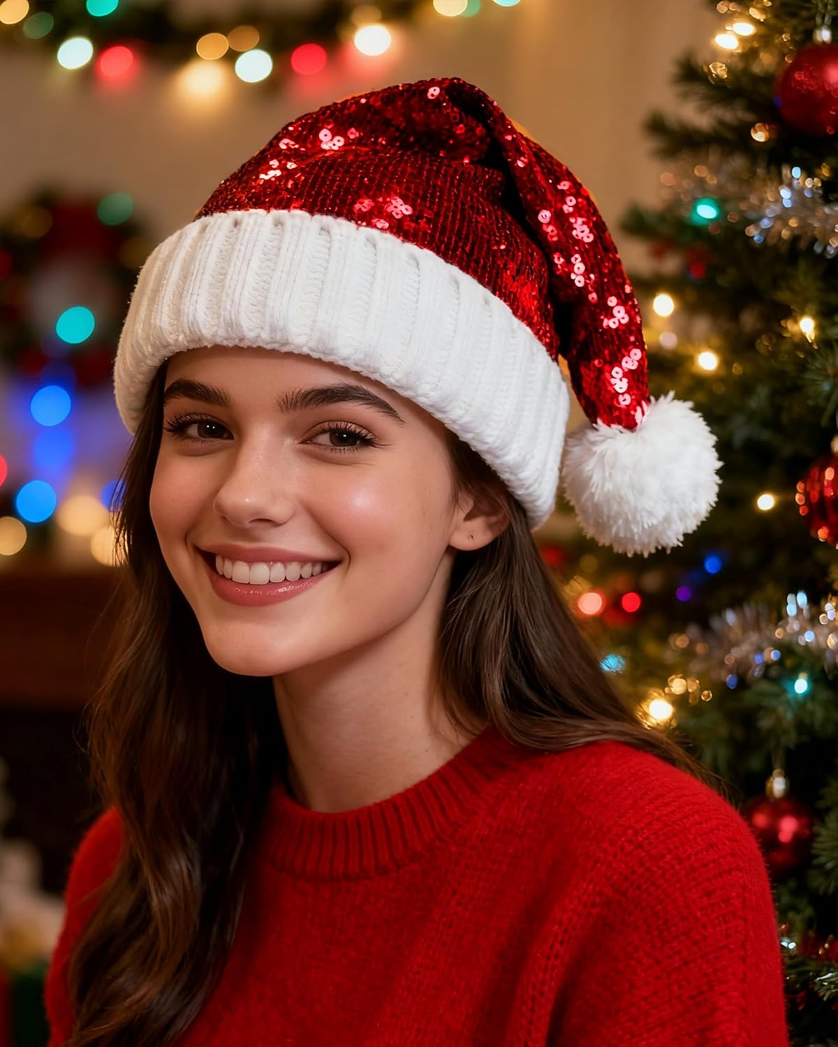 Hikkcos Red Santa Hat Sequin Sparkly Santa Hat Adult Knitted Xmas Beanie Cap for Christmas Gifts New Year Xmas Party Supplies image 4