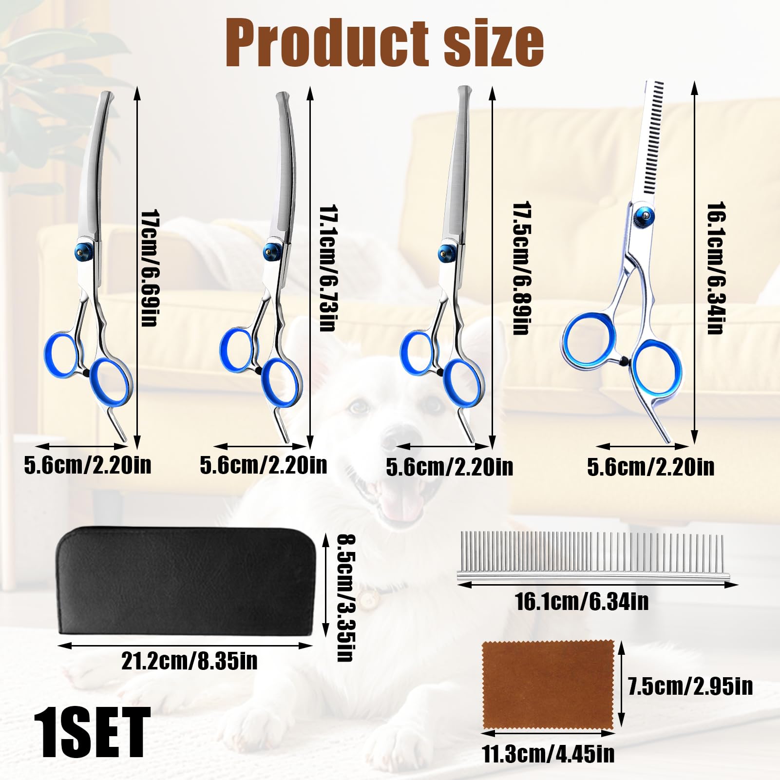 Menibeuty Ciseaux Toilettage Chien Kit, Ciseauxs de Toilettage pour Chiens, Embouts de Sécurité Ronds y Compris Ciseaux à Effiler, Ciseaux Courbes,Ciseaux Droits,Peigne,Ciseauxs Chien Toilettages Bleu