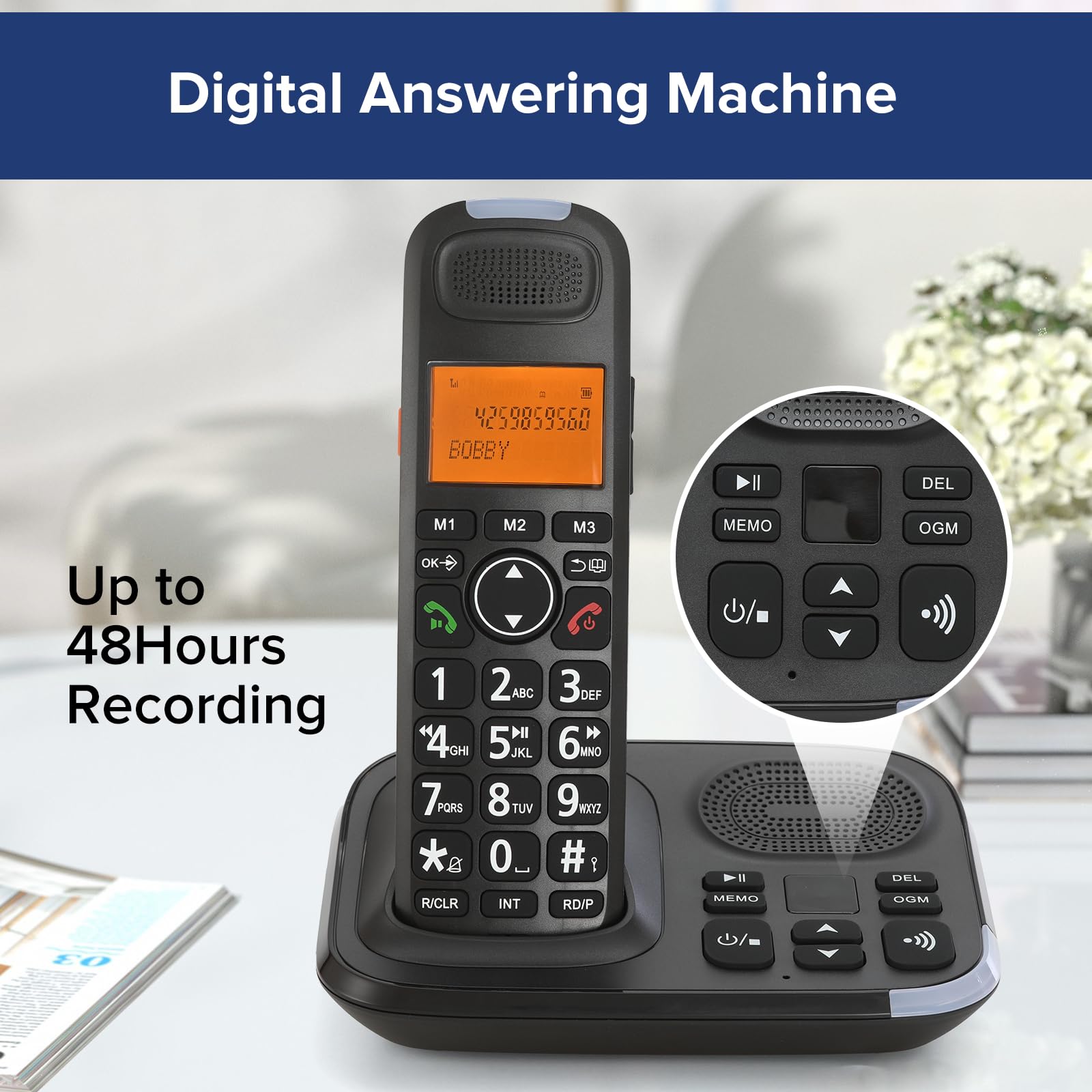 ORNIN D1015E Système téléphonique sans fil extensible avec répondeur, identification de l'appelant, gros boutons, haut-parleur, assistance audio – Maison et petite entreprise (1 combiné)