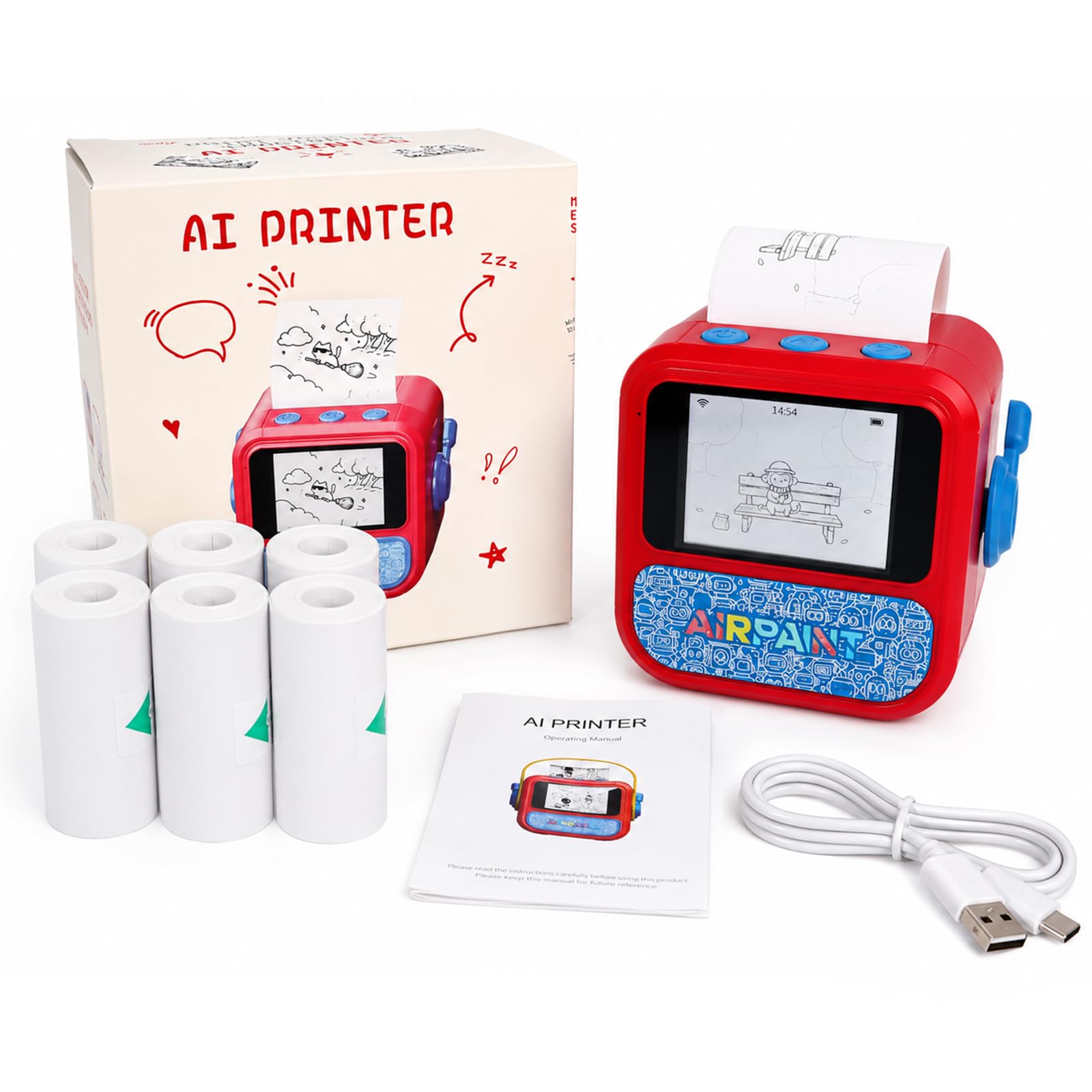 Stampante adesiva AI per bambini, mini stampante termica vocale a stampa, creatore di adesivi portatile senza inchiostro per pagine da colorare, diari, etichette, appunti e artigianato fai da
