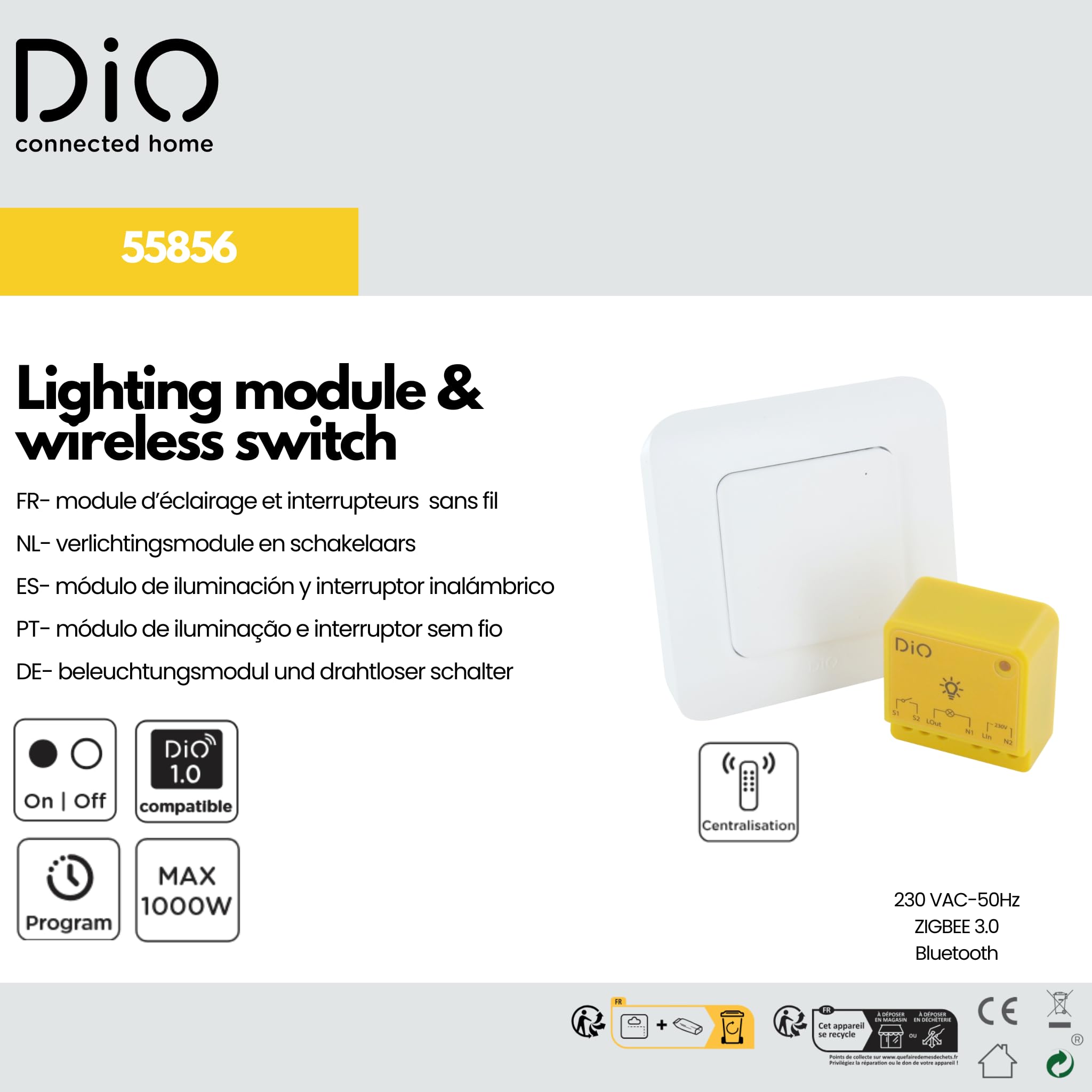 DiO Connected Home Lot de 2 Kits de module éclairage et interrupteur sans fil DiO (433Mhz / Zigbee/BLE)