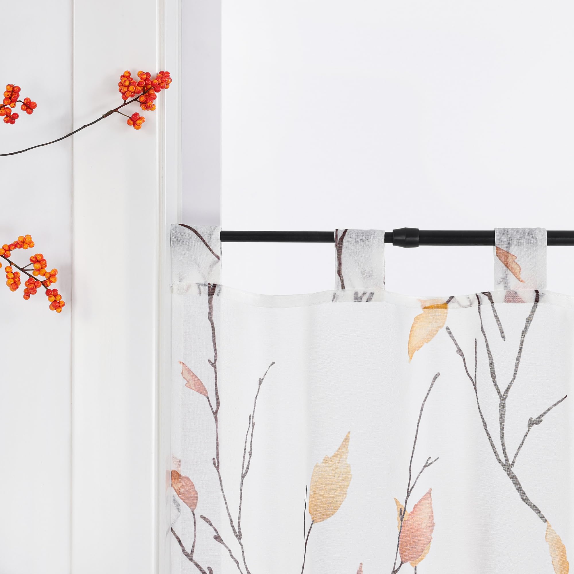 Delien Scheibengardinen Küche Für Fenster Wohnzimmer Kinderzimmer Voile Gardine Kurzstore Bistrogardine Mit Blattmuster,Transparent,Lichtdurchlässig,Mit Schlaufen,Orange,BxH 90x45cm