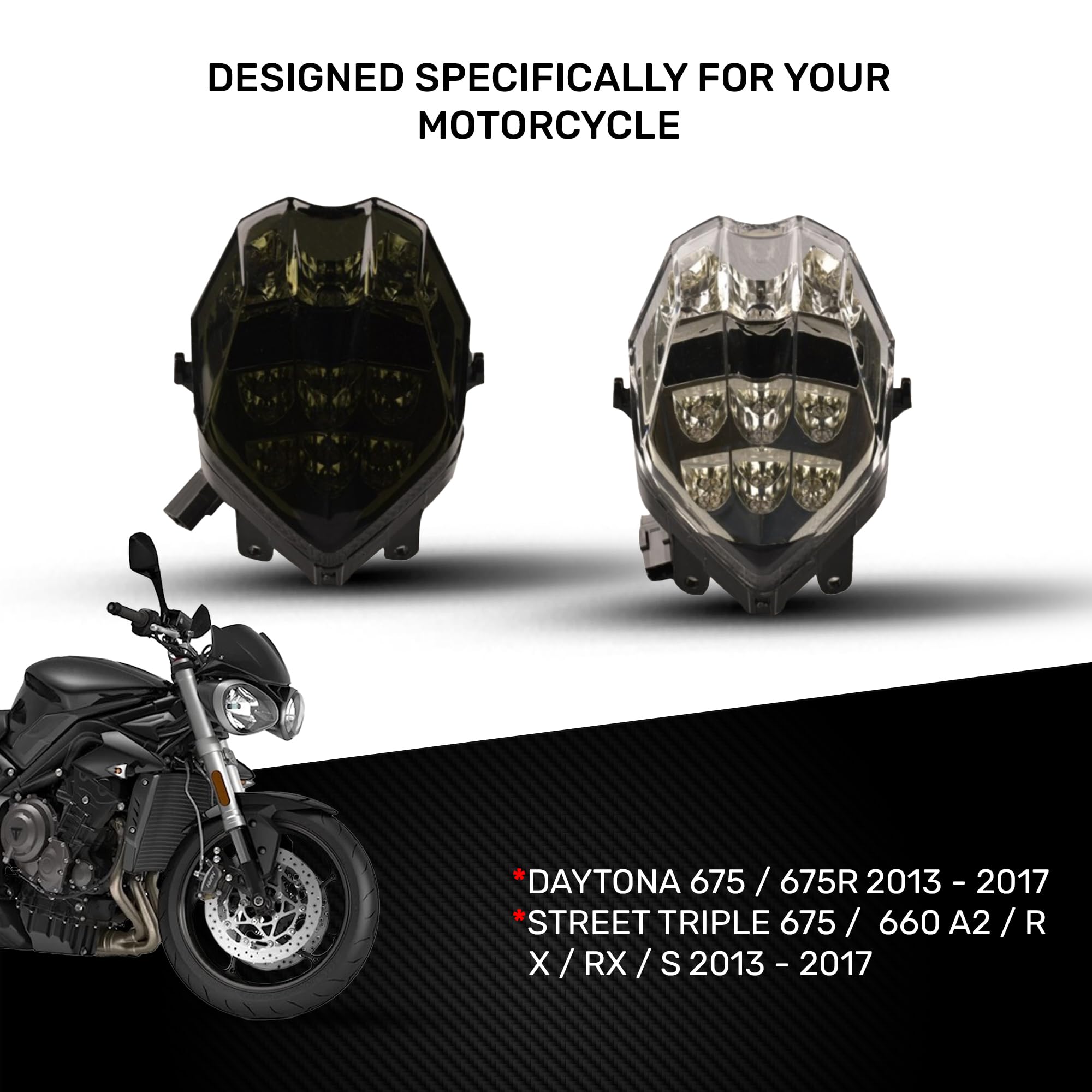 aVDB-moto Fanale Posteriore/Luce Stop LED compatibile con TRIUMPH STREET TRIPLE 765 S/R 2017-2019, 675 / R/X/RX/S 2013-17, 765 RS 2017-19, DAYTONA MOTO2 765 2020-21 Frecce Integrate (Chiaro)