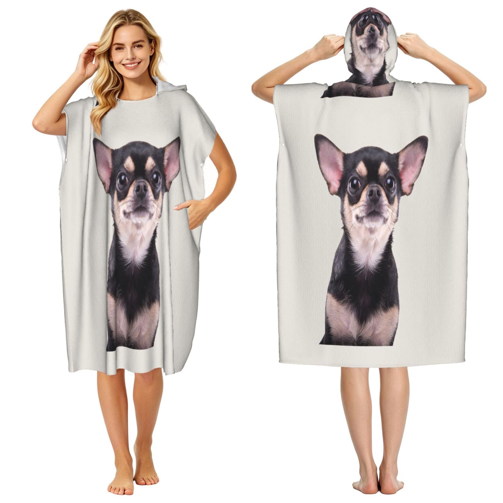 Poadnly Chihuahua, Adult Hooded Beach Towel 90 x 110 cm,Changing Bath Robe, Surf Poncho Towel For Women Men