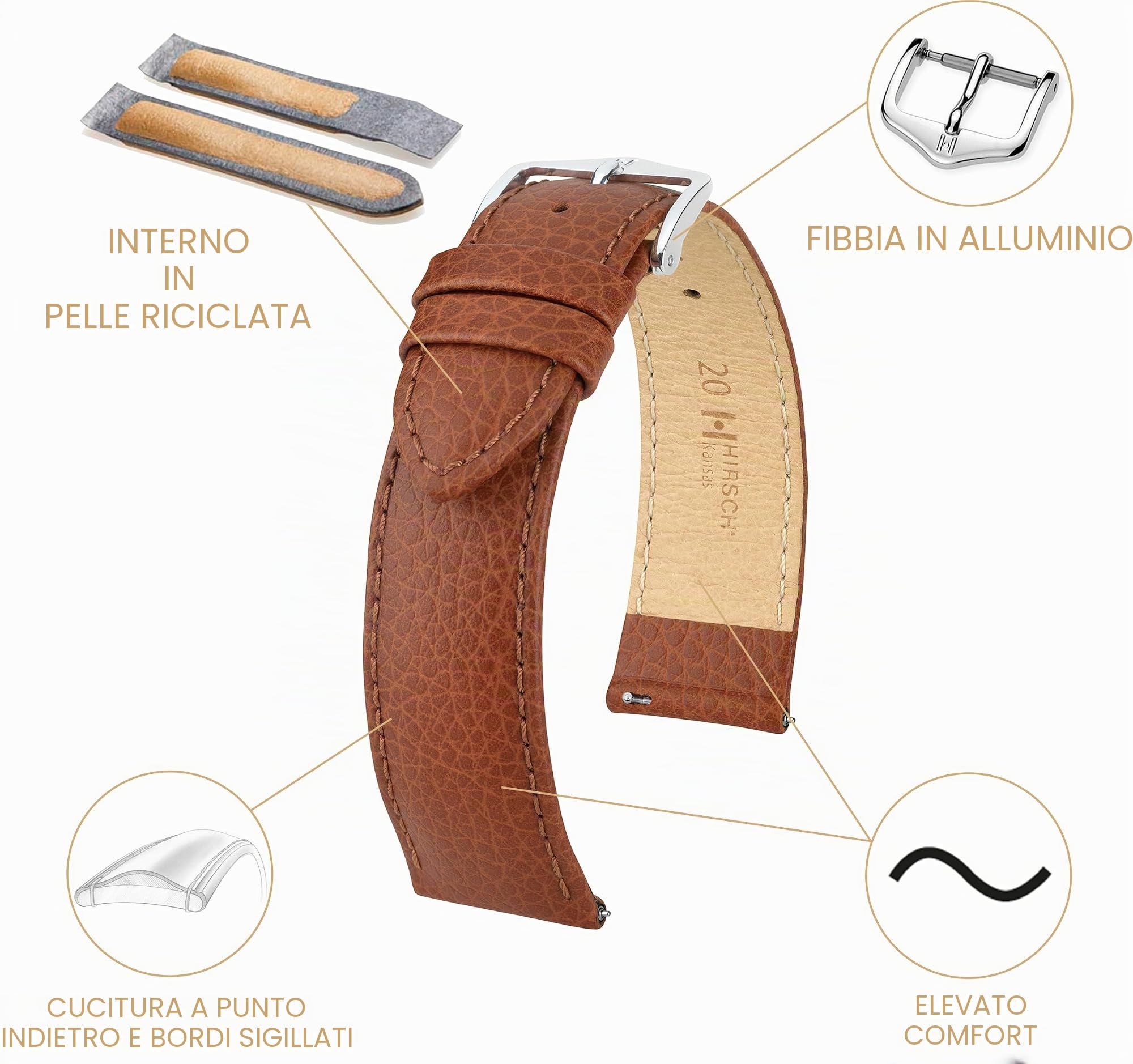 HIRSCH Cinturino Kansas L - vera pelle di vitello - stampa a bufalo - uomo/donna - Goldmarrone - 20 mm