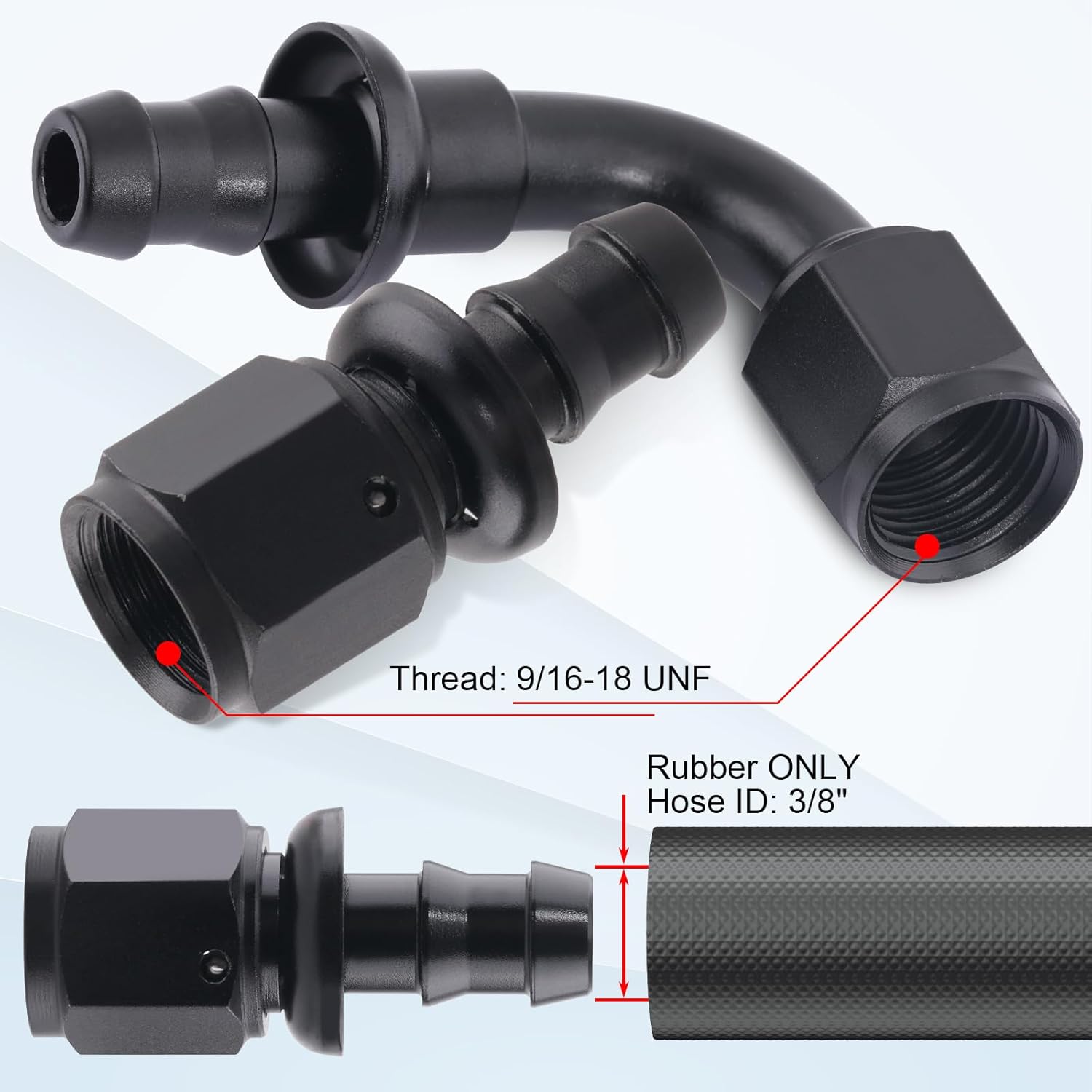 6AN Push Lock Hose Fitting End Kit Straight and 90 Degree Elbow Black Ends with Hose Clamps for Rubber Fuel Line 10PCS